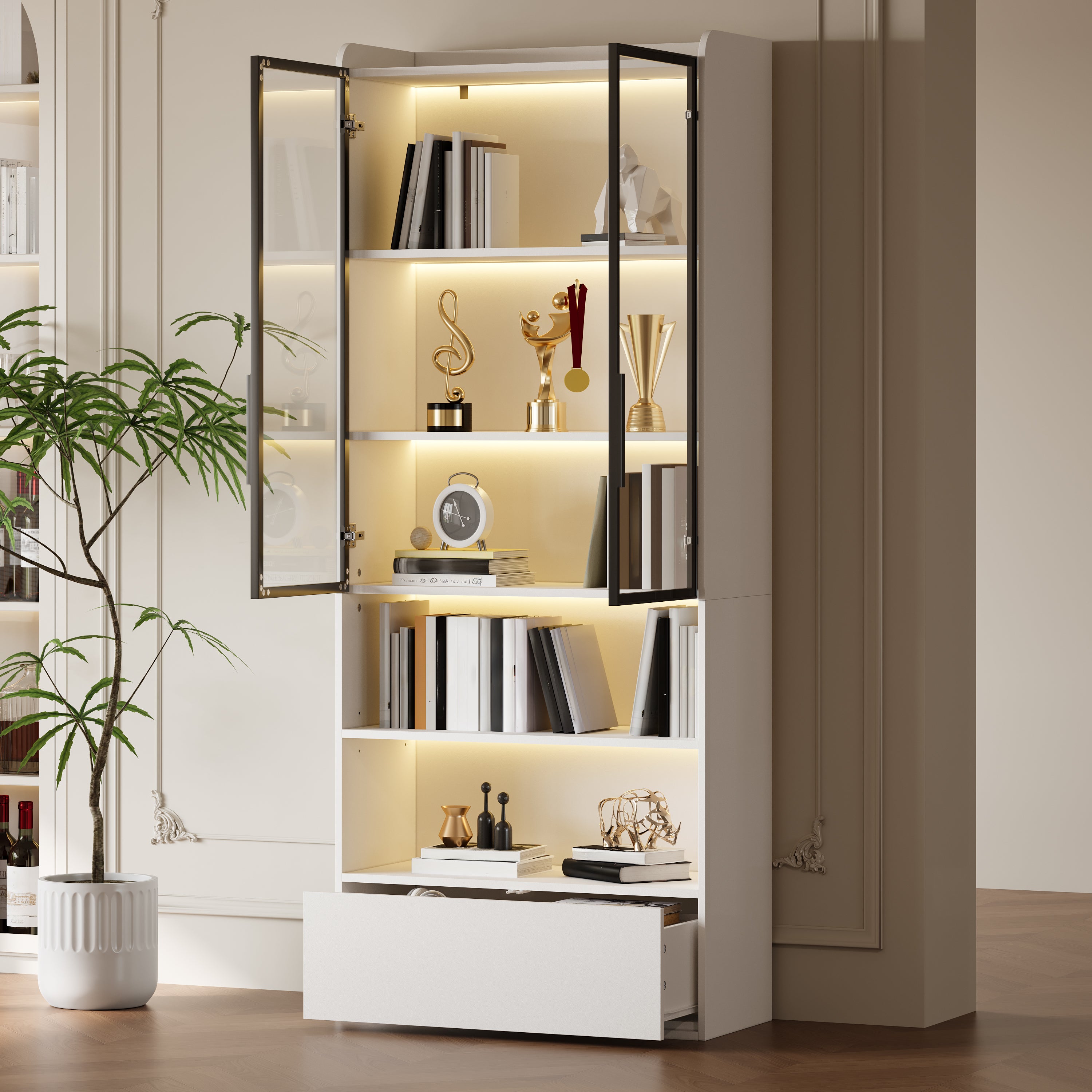 Witryna 80x34x180 cm - z oświetleniem LED - 1 szuflada i 2 szklane drzwi - otwarte półki - MDF - Biały