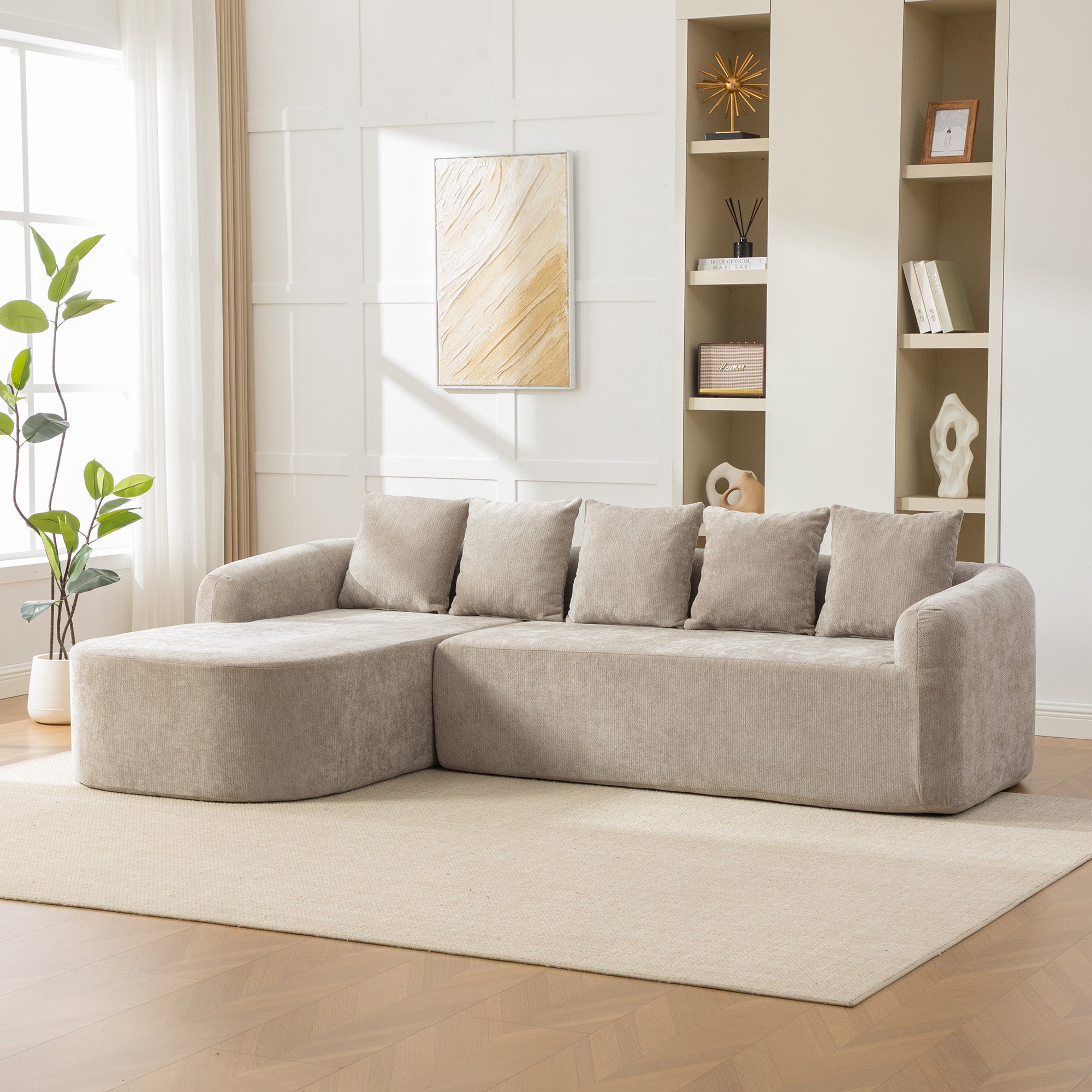 Modułowa sofa kompresyjna wykonana z tkaniny szenilowej wypełniona pianką wysokoelastyczną 30D. Łatwe do przenoszenia i z antypoślizgową podstawą