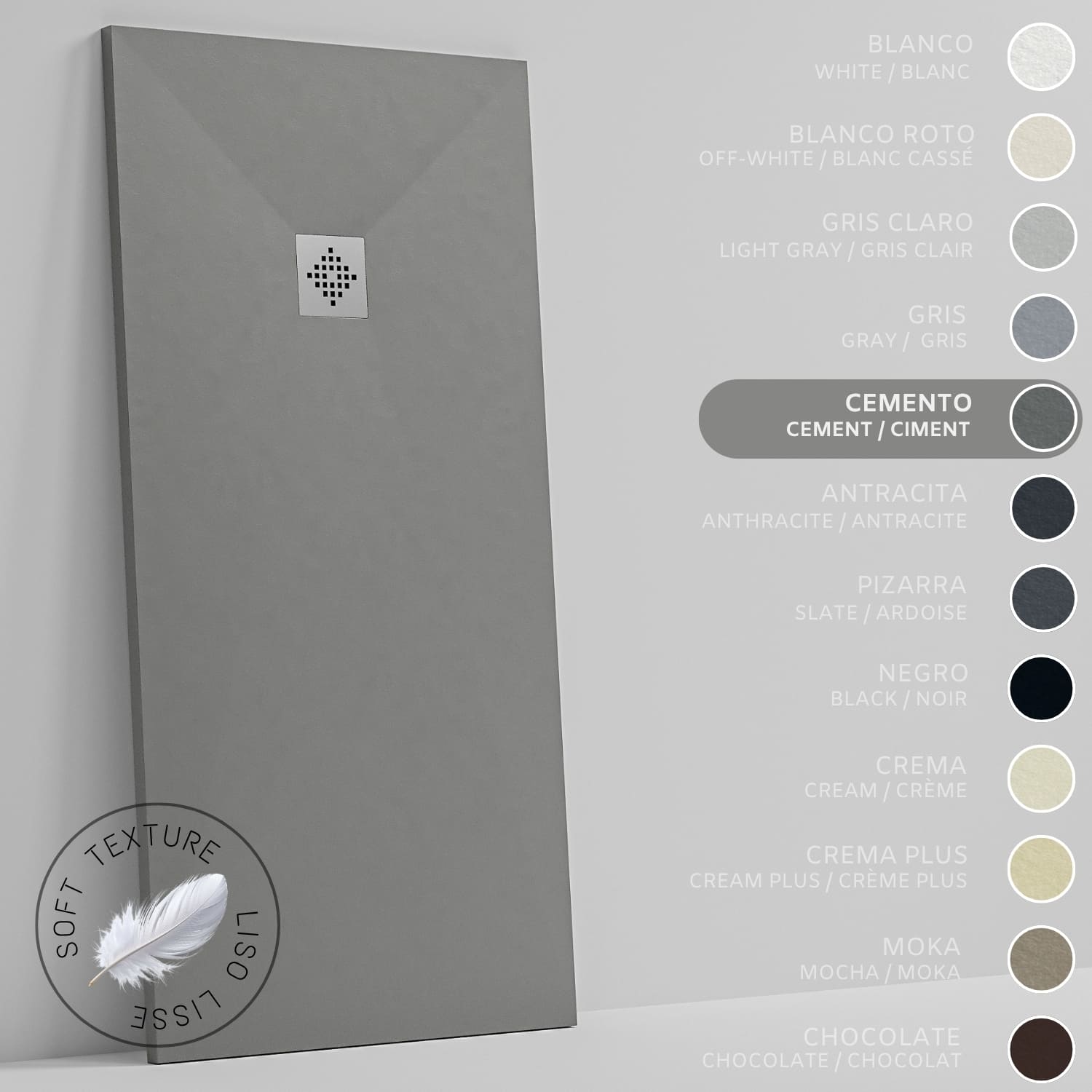 SOULHOME Brodzik prysznicowy– Żywica– Gel Coat– Gładki Jedwab tekstura – Antypoślizgowy – Kolor cementowoszary – 100x100- Niski 3 cm– Standard