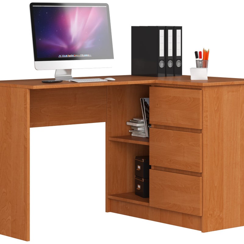 Biurko narożne AKORD B16 Olcha 124 cm prawe 3 szuflady kolor Olcha mat 2 półki 124x85x77 cm