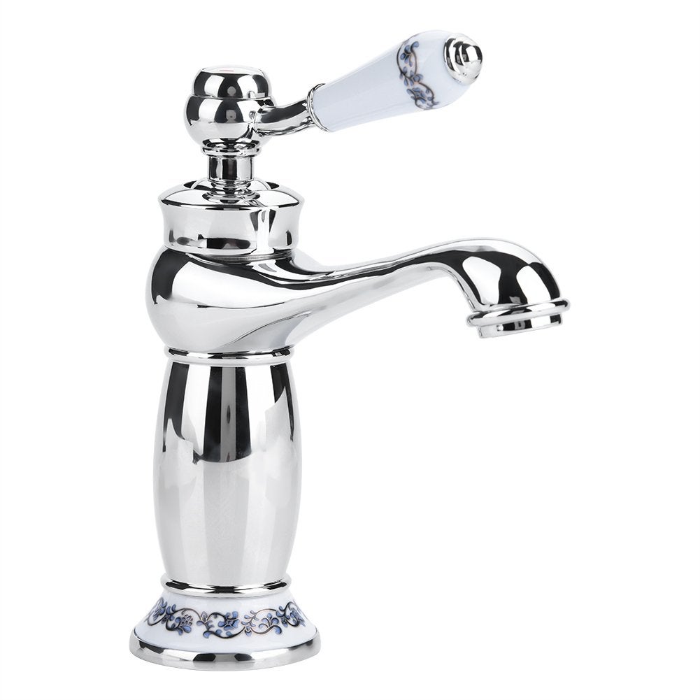 Współczesna bateria łazienkowa z mosiądzu z niebiesko-białą porcelanową rączką, bateria umywalkowa na ciepłą/zimną wodę, elegancki antyczny chromowany