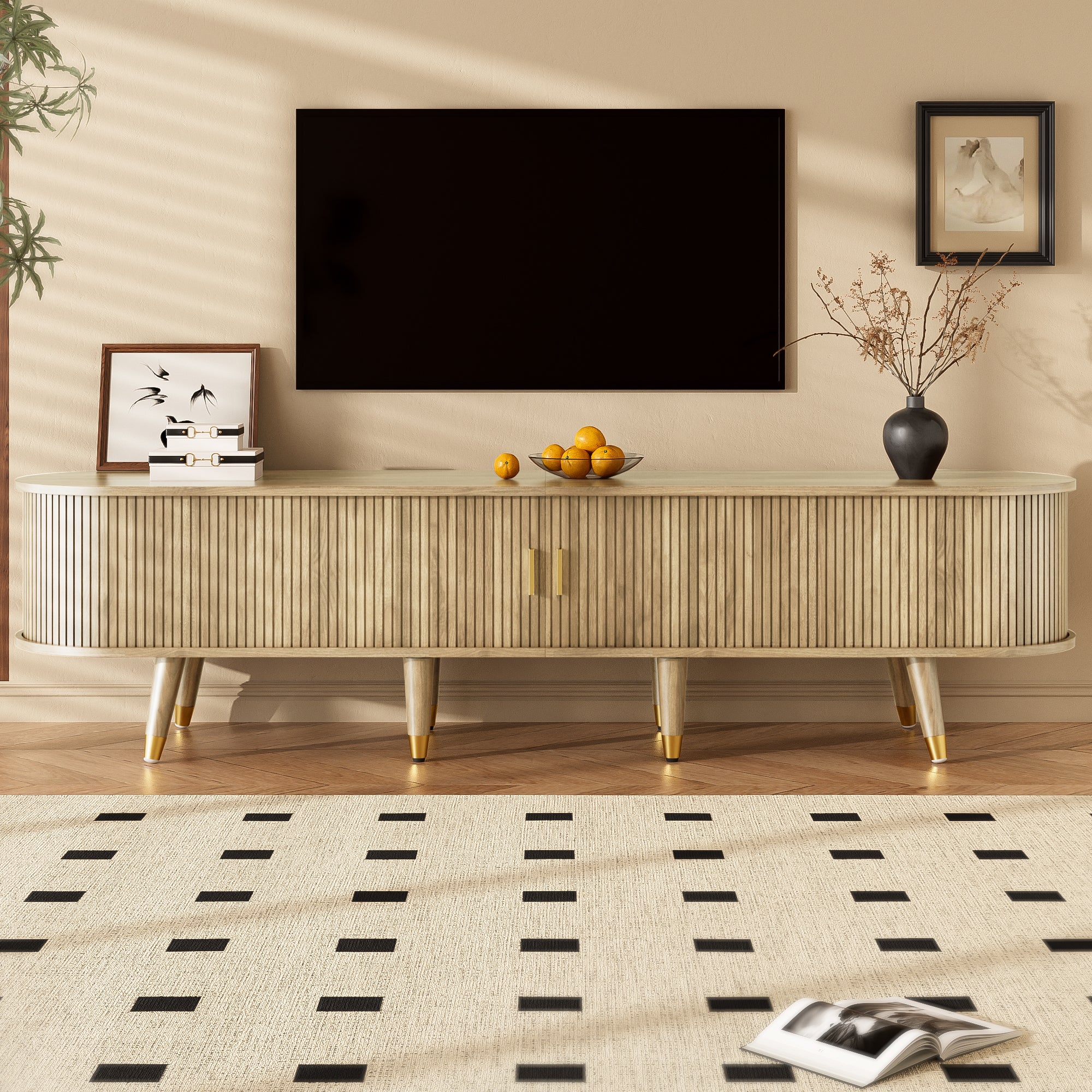 Stolik pod TV z 2 drzwiami przesuwnymi i 2 szufladami - 175 x 38 x 45 cm - MDF - Dąb