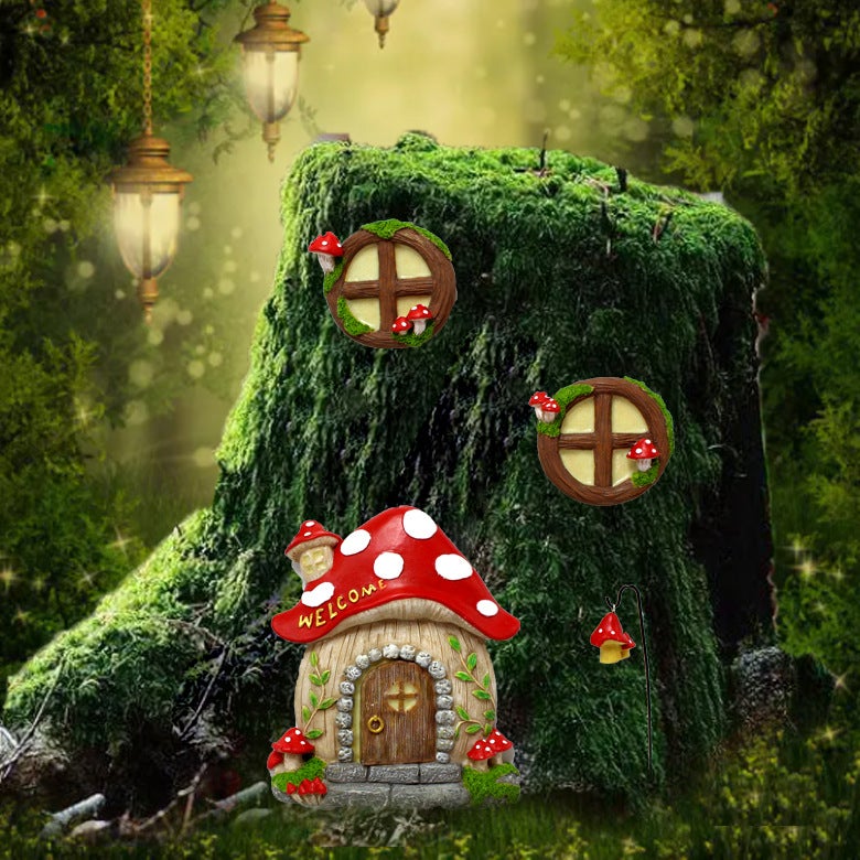 Miniaturowy domek z oknem i drzwiami ze świecącą lampką ściółkową w kolorze czarnym, śpiąca wróżka, drzwi i okno, rzeźba ogrodowa do dekoracji choinki