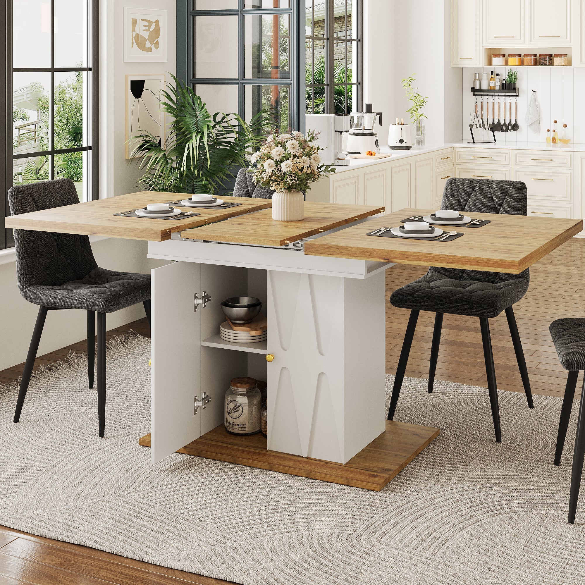 Rozkładany zestaw stołowy z 2 drzwiami, dla 4–6 osób, plus 4 krzesła do jadalni z szarej bawełny i lnu – 110/140 x 70 x 76,5 cm – MDF – biały