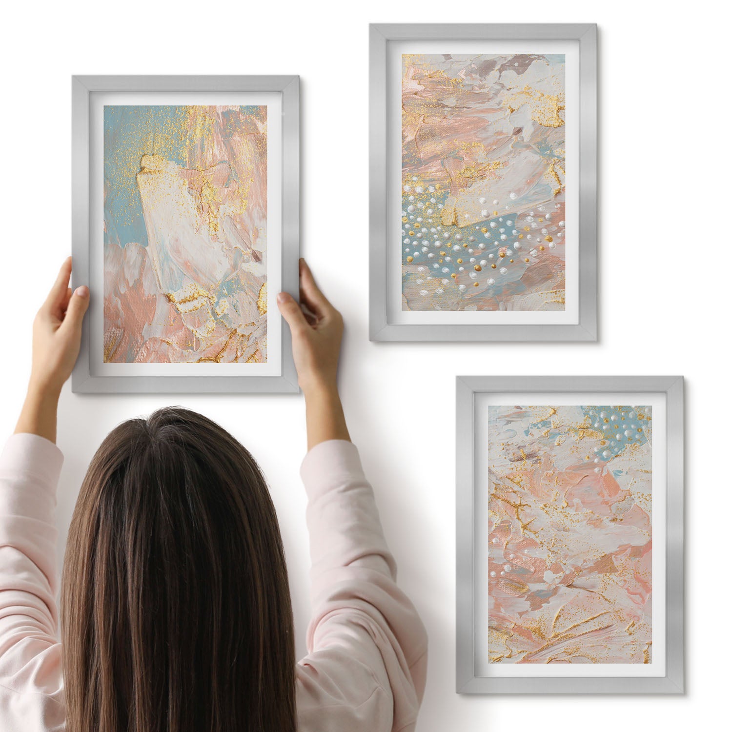 Galeria ścienna 3-częściowy komplet obrazów w srebrnych ramach - Abstrakcyjne wzory w pastelowych kolorach tekstura - ArtPrintCave