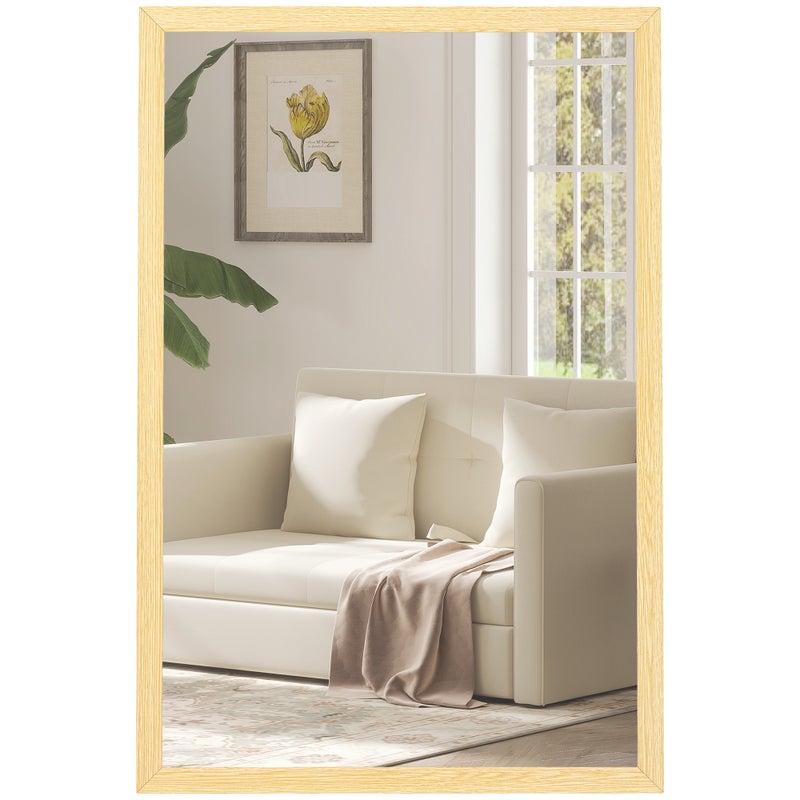 Prostokątne lustro ścienne 60 x 40 cm, rama z naturalnego drewna, idealne do łazienki, salonu lub sypialni