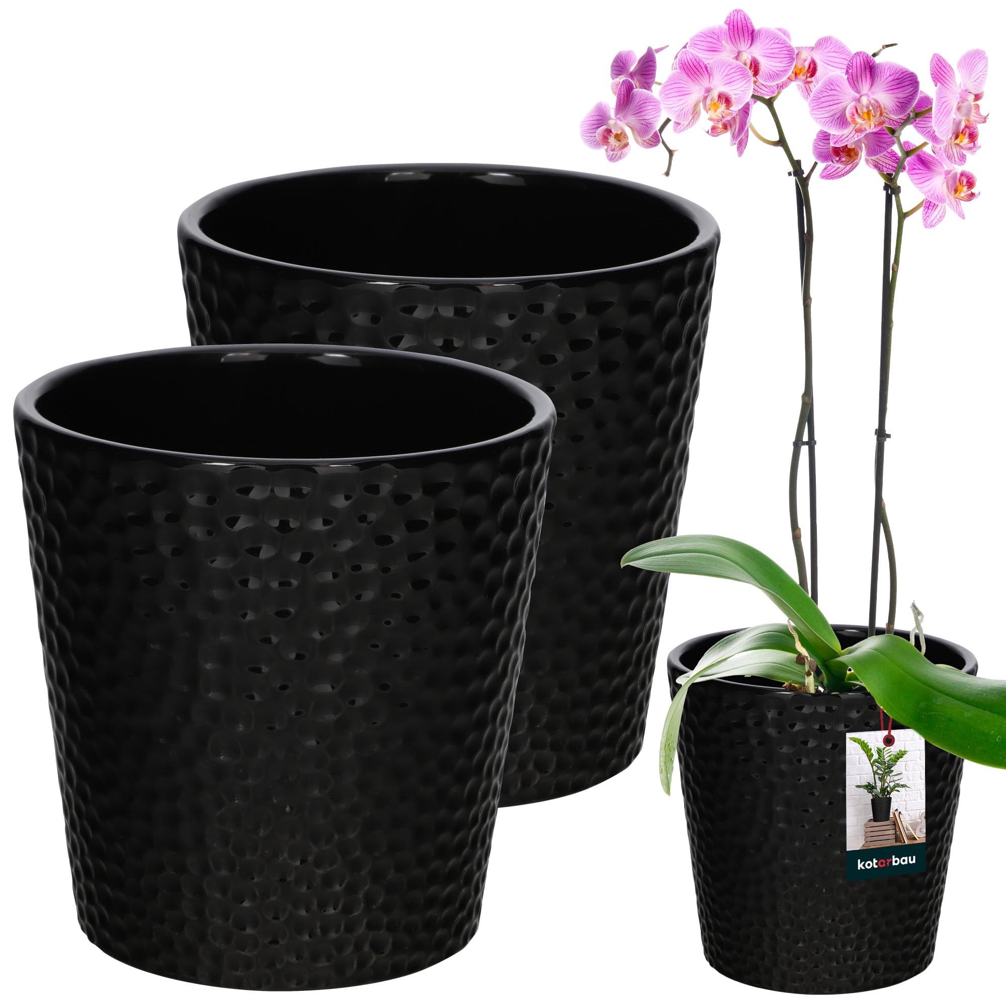 2 szt doniczka donica ⌀ 9,5cm osłonka ceramiczna czarna na kwiaty storczyki - KOTARBAU