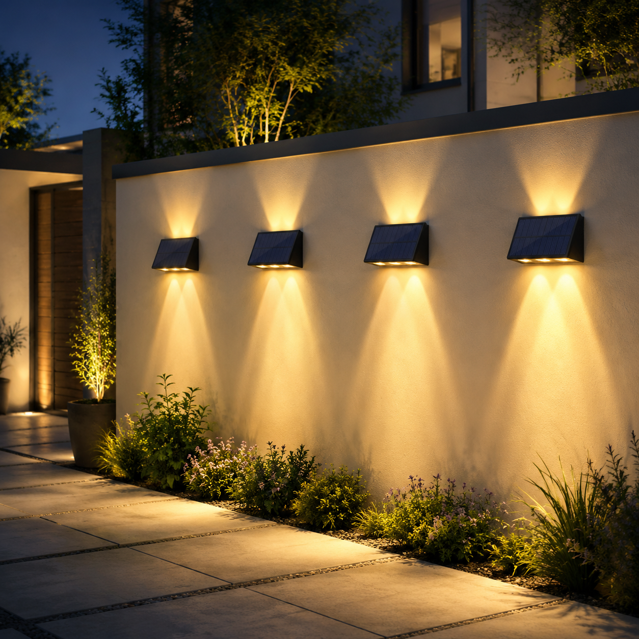 NETTLIFE Zestaw 4 Lamp Solarnych Zewnętrznych LED, 2 Tryby, 3000K Ciepła Biel, Wodoodporne IP65, Kinkiet do Ogrodu, na Ogrodzenie, Balkon, Ścianę