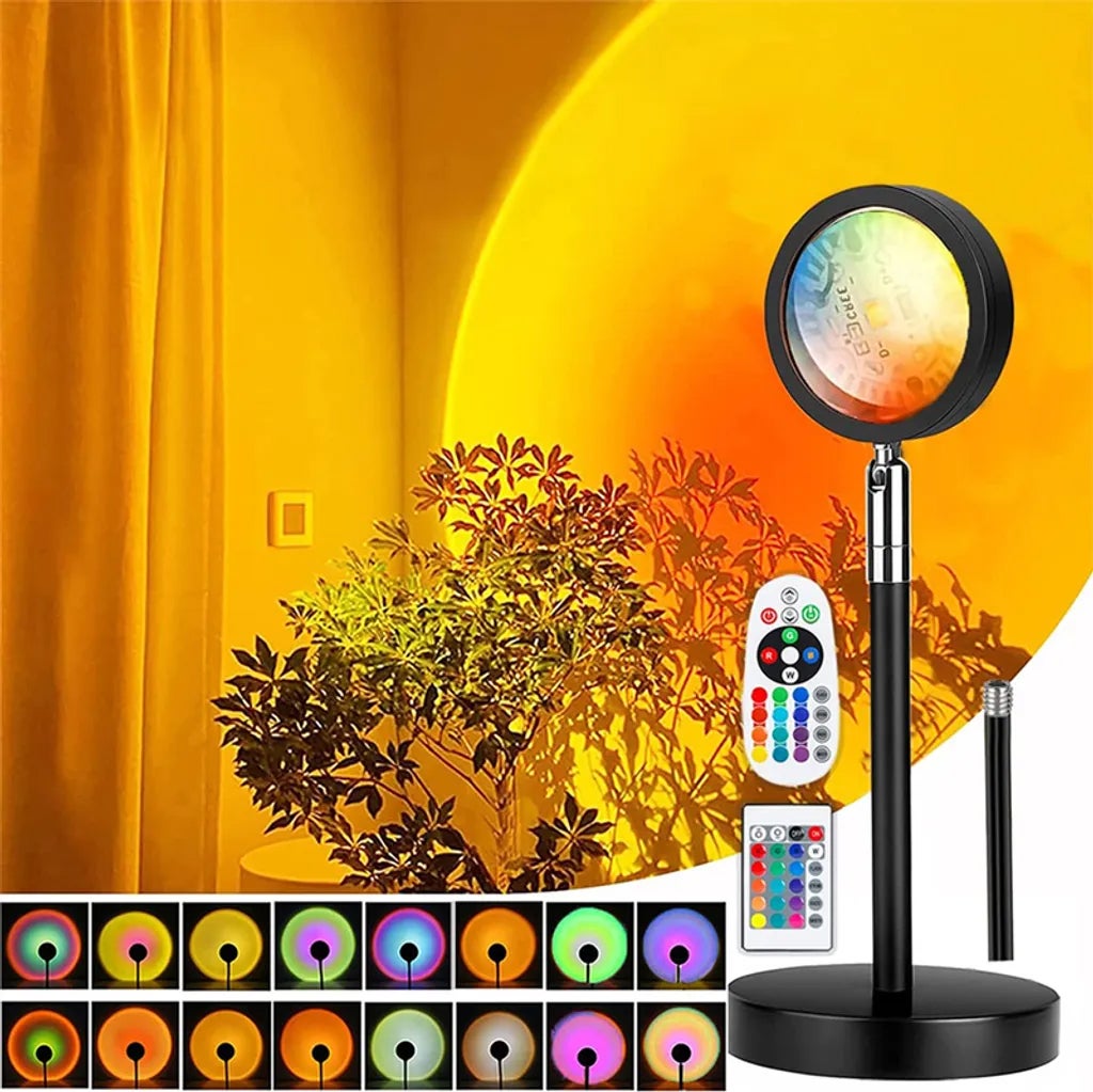 Lampa Zachód Słońca, Lampa Solarna, Lampa Okrągła, z 2 Pilotami, Obrotowa o 180°, 16 Kolorów RGB, 4 Tryby Oświetlenia, Akcesoria do Zdjęć