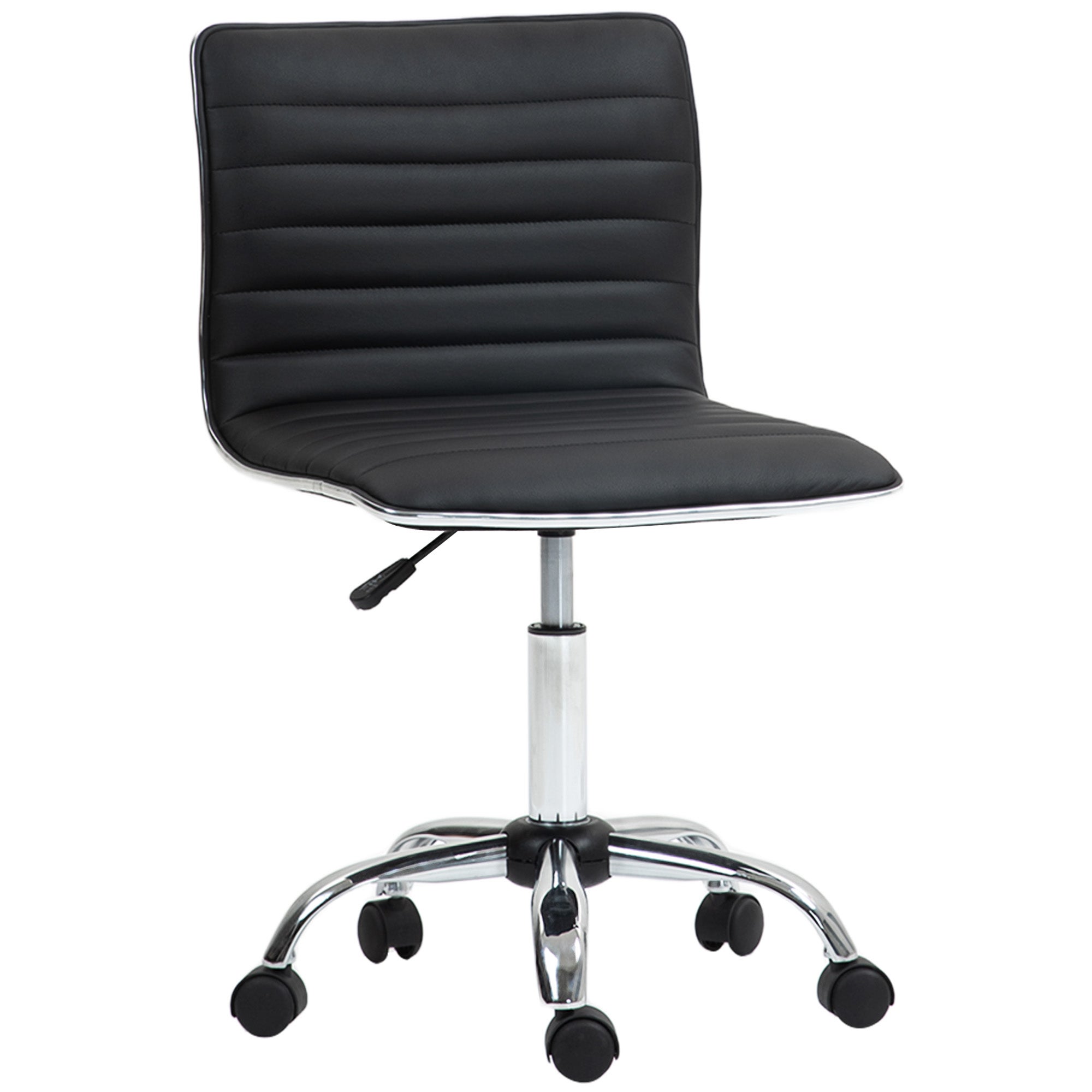 Ergonomiczny fotel biurowy wykonany ze sztucznej skóry w kolorze czarnym, z regulowaną wysokością, obrotowym siedziskiem i kółkami.