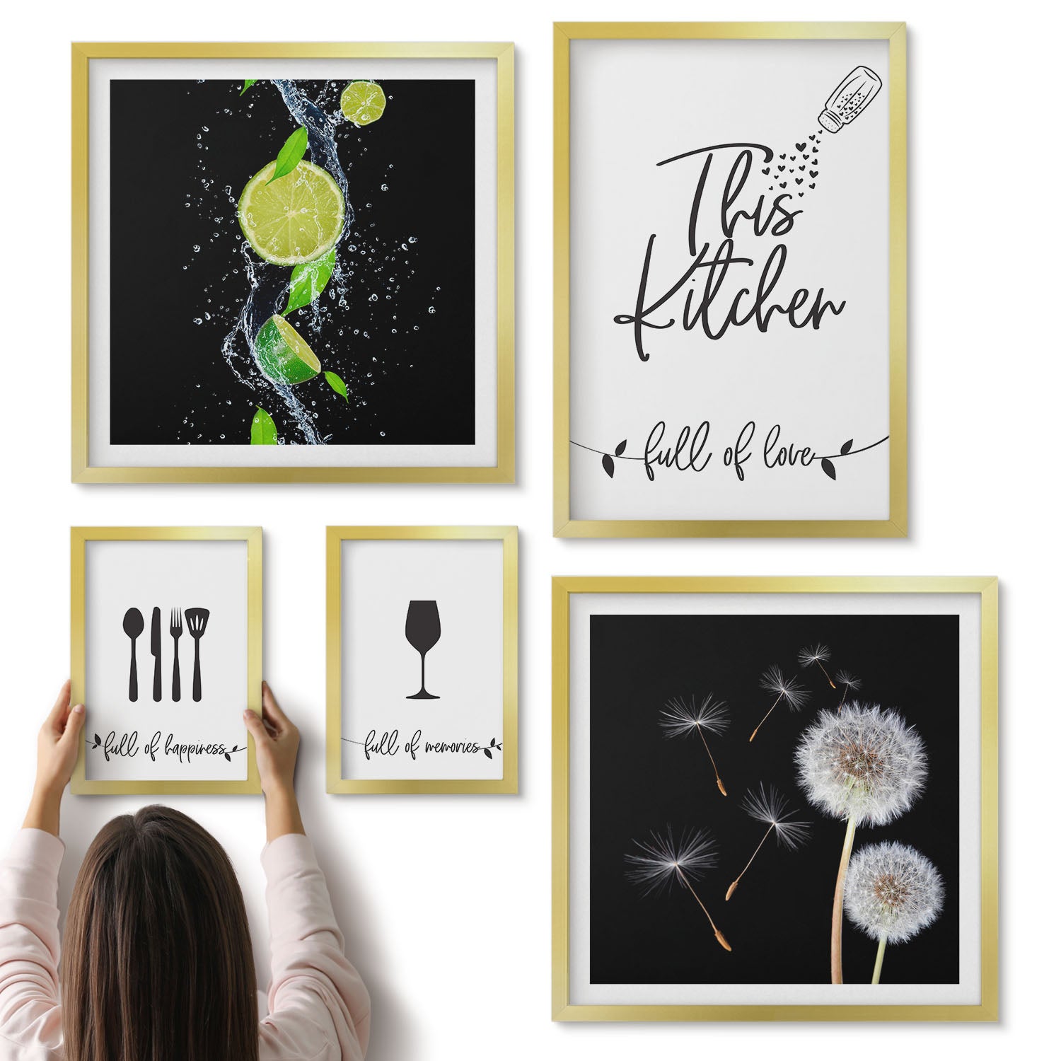 Galeria ścienna 5-częściowy komplet obrazów w złotych ramach - Kuchenne inspiracje z miłością do gotowania i jedzenia - ArtPrintCave