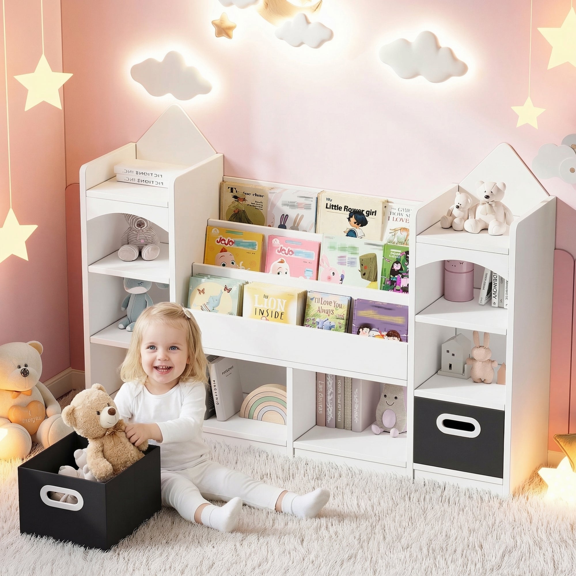 Biblioteczka / półka na książki dla dzieci -130x30x90 cm - Z 2 składanymi pudełkami do przechowywania - Wzór zamku - MDF - Biały