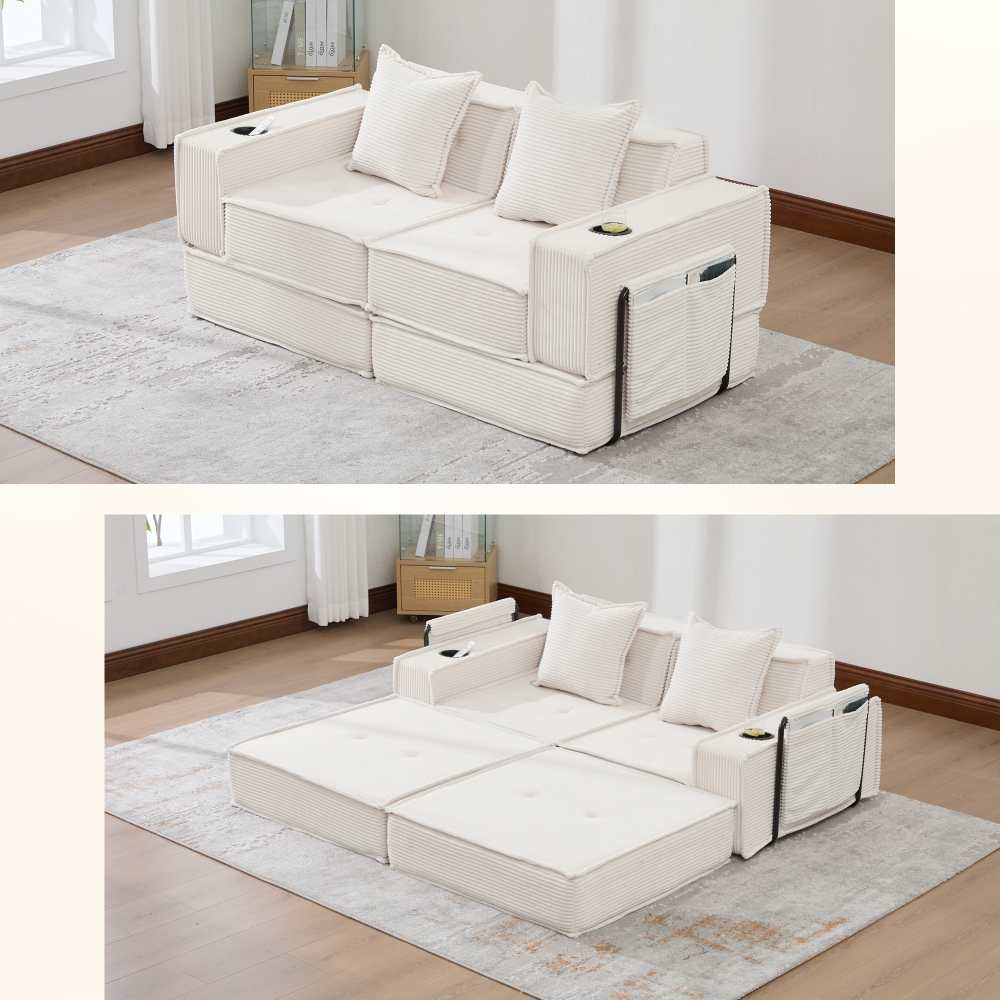 Nowoczesna sofa dwuosobowa z funkcją spania dla 2 osób, wygodne poduszki, ozdobny puf z bocznym schowkiem i uchwytami na kubki
