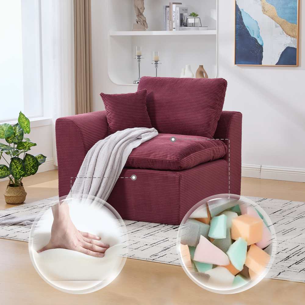 Nowoczesna, minimalistyczna sofa jednoosobowa z poduszkami – wygodna, miękka i trwała, wykonana z wysokiej jakości prążkowanej tkaniny