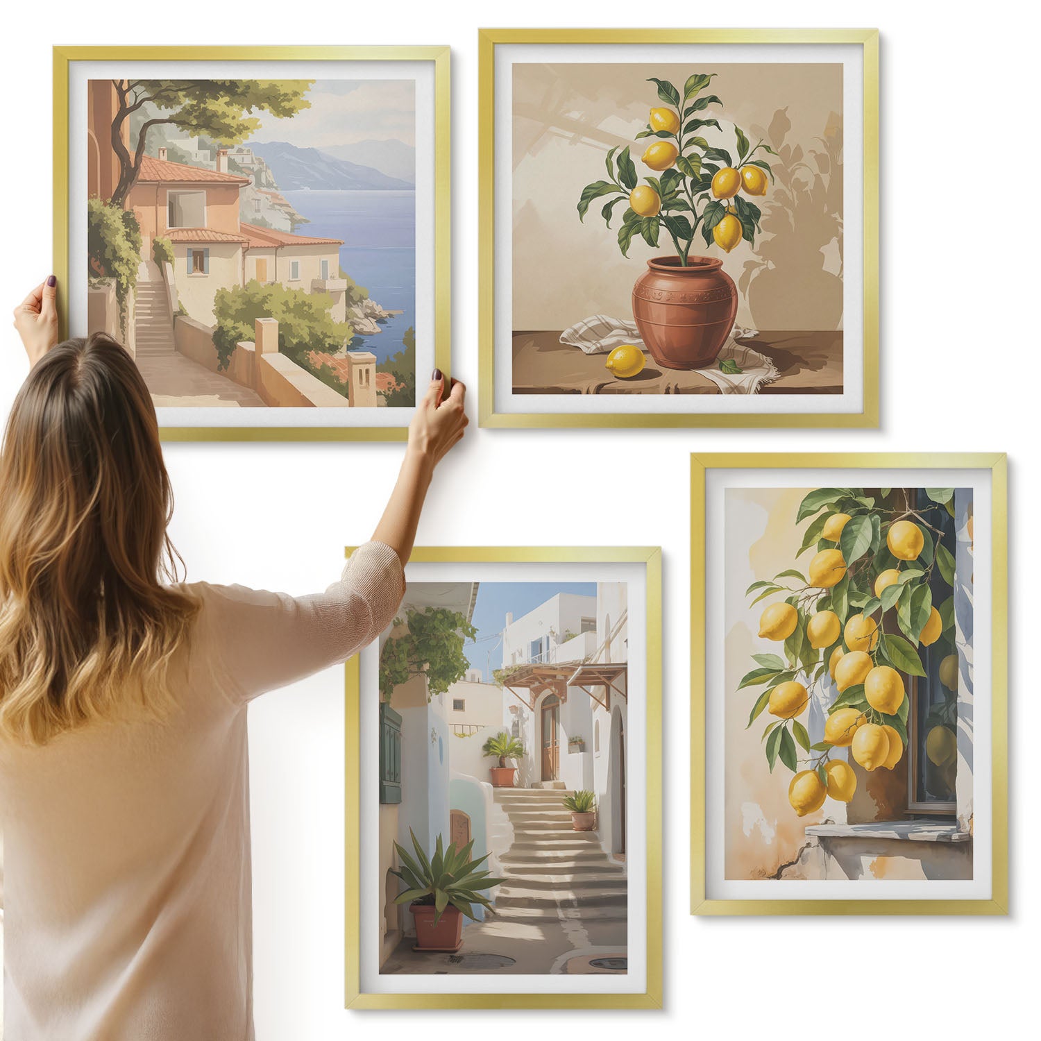 Galeria ścienna 4-częściowy komplet obrazów w złotych ramach - Urokliwe uliczki z cytrynami i widokiem na morze - ArtPrintCave
