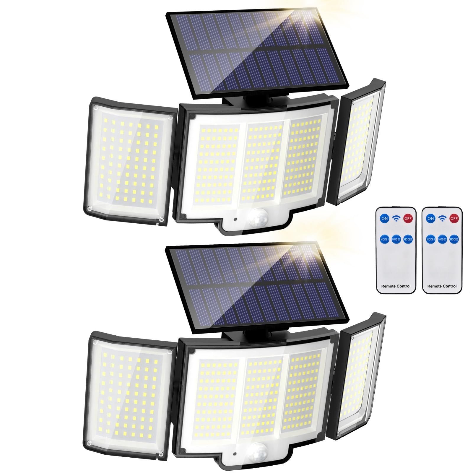 Zestaw 2 zewnętrznych lamp solarnych z czujnikiem ruchu, 348 LED 6500K, reflektory solarne z pilotem, wodoodporność IP65