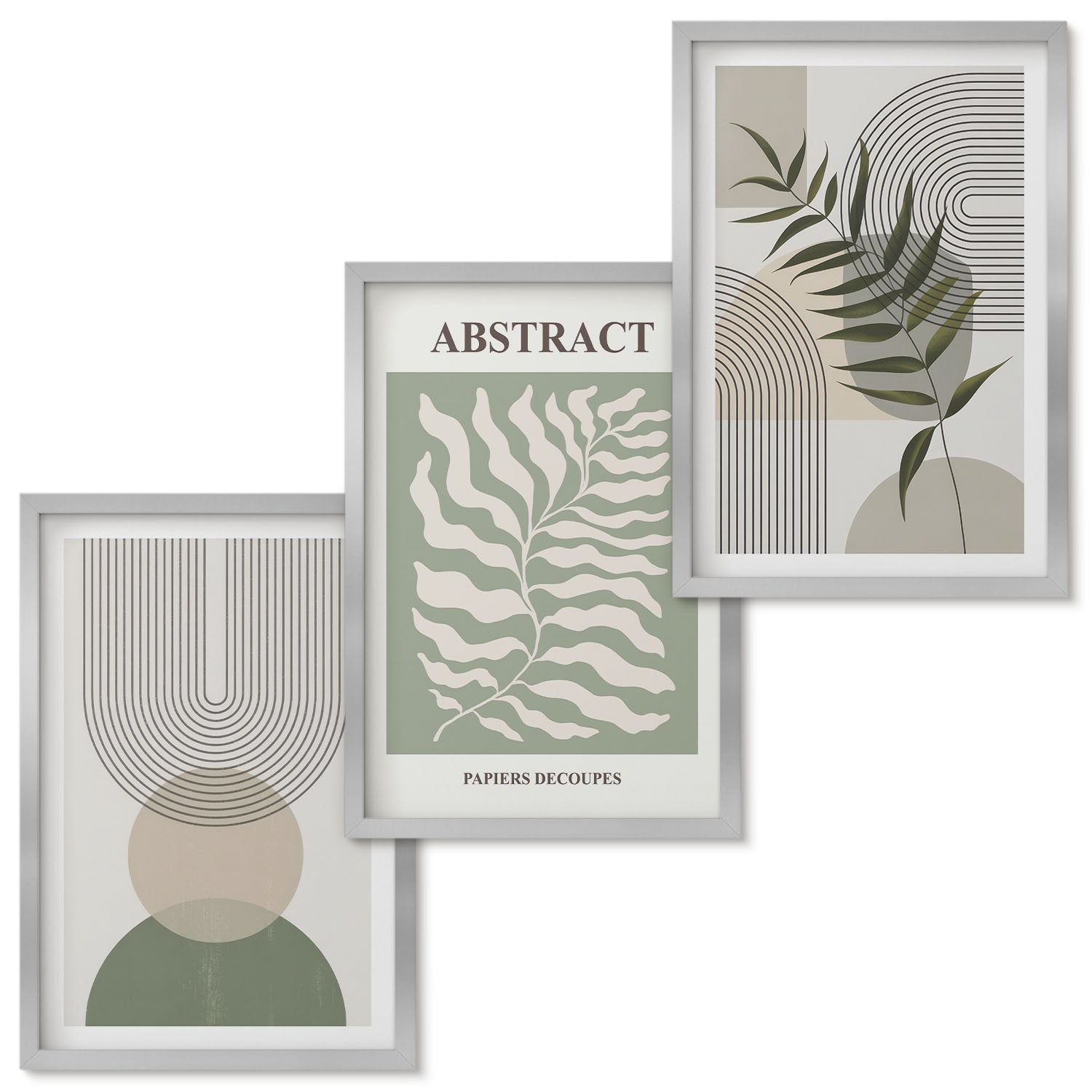 Zestaw obrazów w ramie - 3 części | Botaniczne abstrakcje styl boho rustykalny | Srebrna ramka