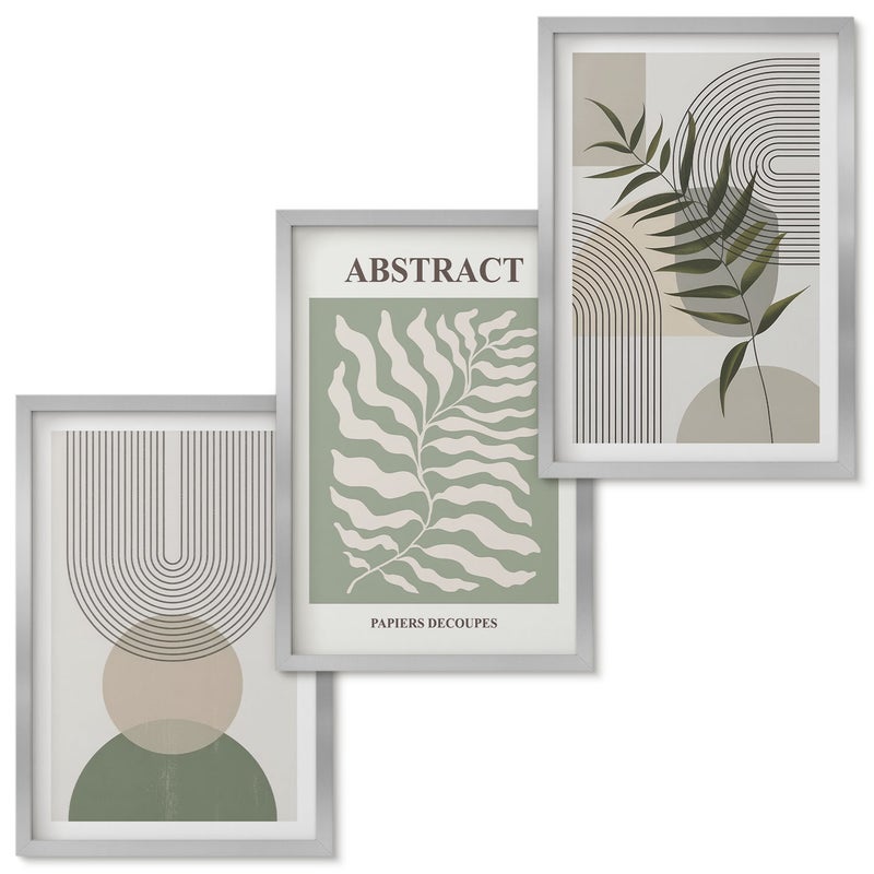 Zestaw obrazów w ramie - 3 części | Botaniczne abstrakcje styl boho rustykalny | Srebrna ramka