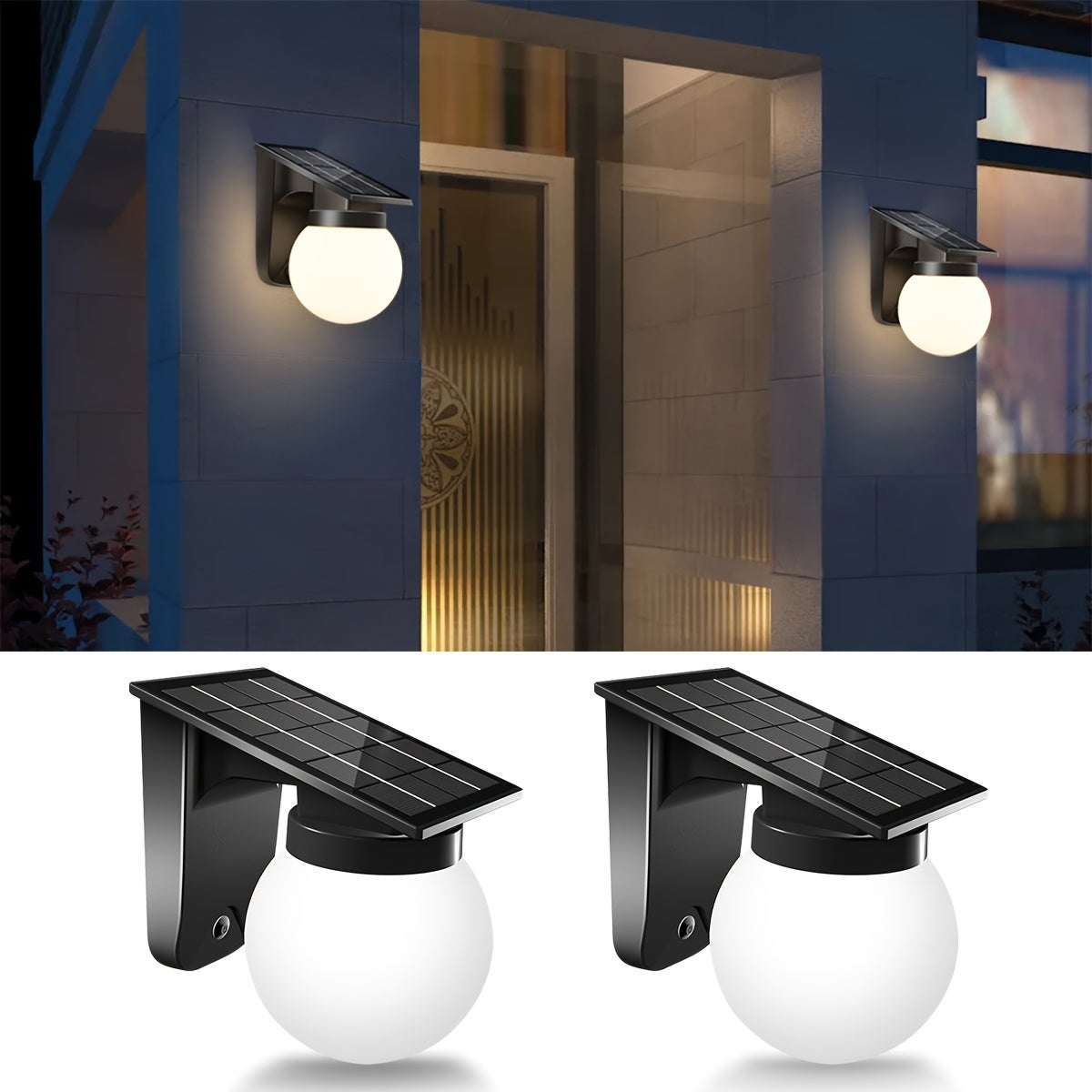 Zestaw 2 lamp ściennych LED na energię słoneczną, z 3 trybami regulacji jasności, do ogrodu, alejek, oświetlenia zewnętrznego i patio.