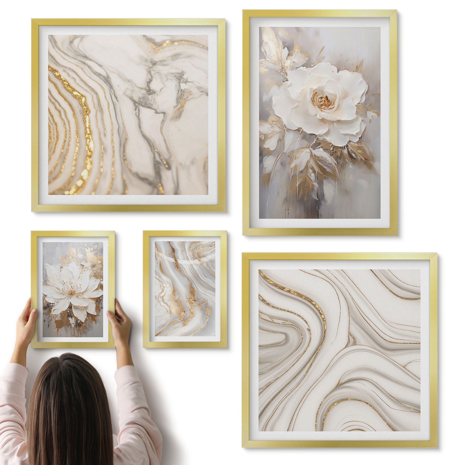 Galeria ścienna 5-częściowy komplet obrazów w złotych ramach - Kwiatowe motywy i abstrakcyjne wzory w eleganckim stylu - ArtPrintCave