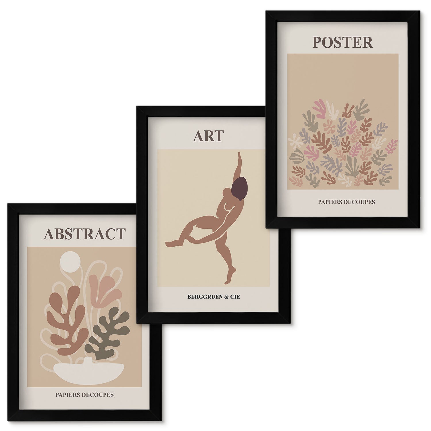 Zestaw obrazów w ramie - 3 części | Stylowe abstrakcyjne kompozycje Henri Matisse | Czarna ramka
