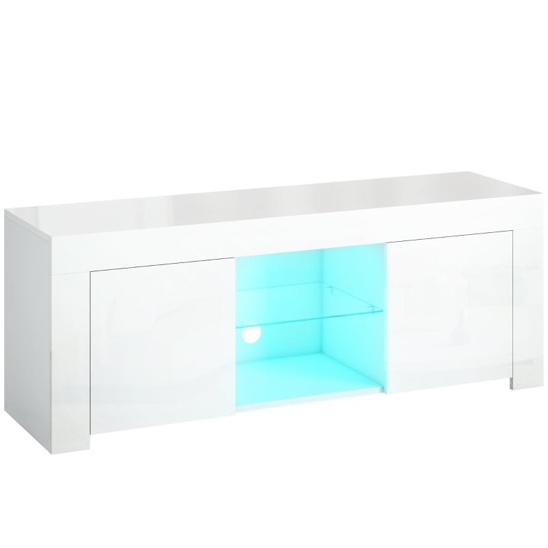 Szafka RTV z oświetleniem LED, 2 drzwiczki, półka szklana, otwory na kable, do salonu, płyta wiórowa, biała, szafka pod TV, biała, szkło