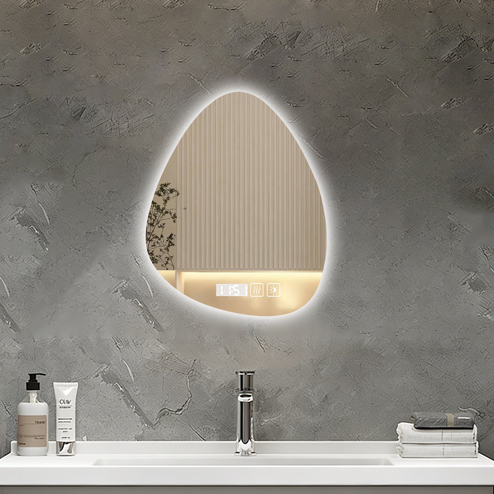 Inteligentne lustro LED z funkcją przeciwmgielną, 40*60 cm, kształt łzy, regulowane trójkolorowe oświetlenie, podwójne zasilanie