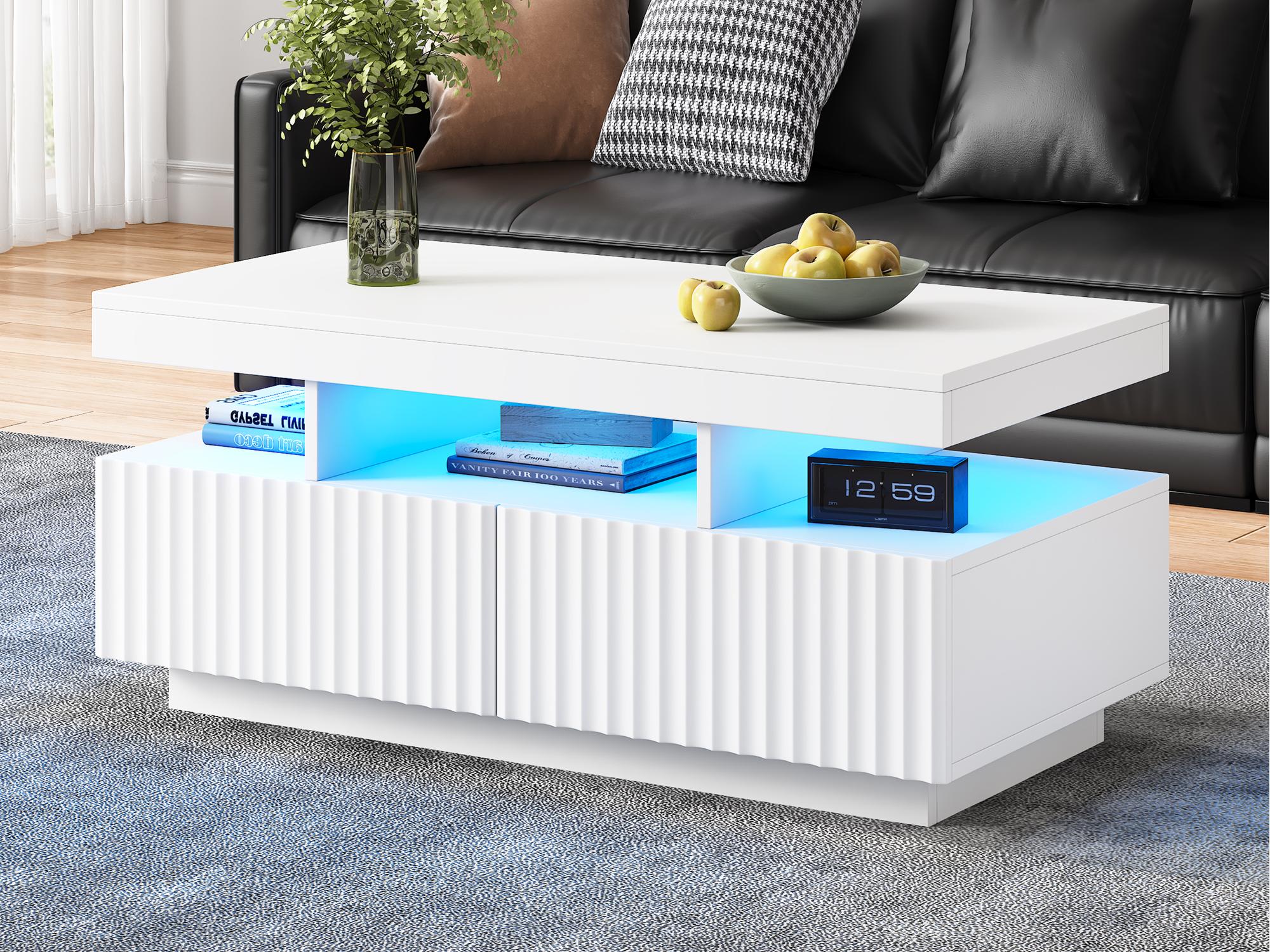 Stolik kawowy 100x50x45cm - z oświetleniem LED - 2 szuflady - Otwarta przestrzeń do przechowywania - Płyta wiórowa - Biały