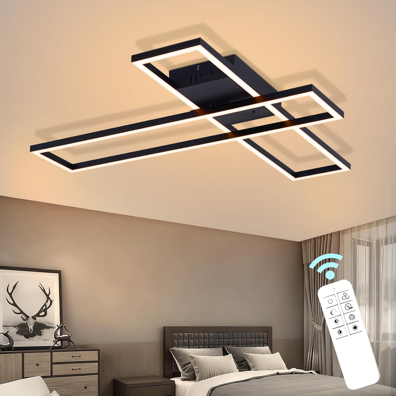 Lampa sufitowa LED NETTLIFE 42W, czarna, nowoczesna, z płynną regulacją, o prostokątnym kształcie, do salonu, sypialni, kuchni lub biura