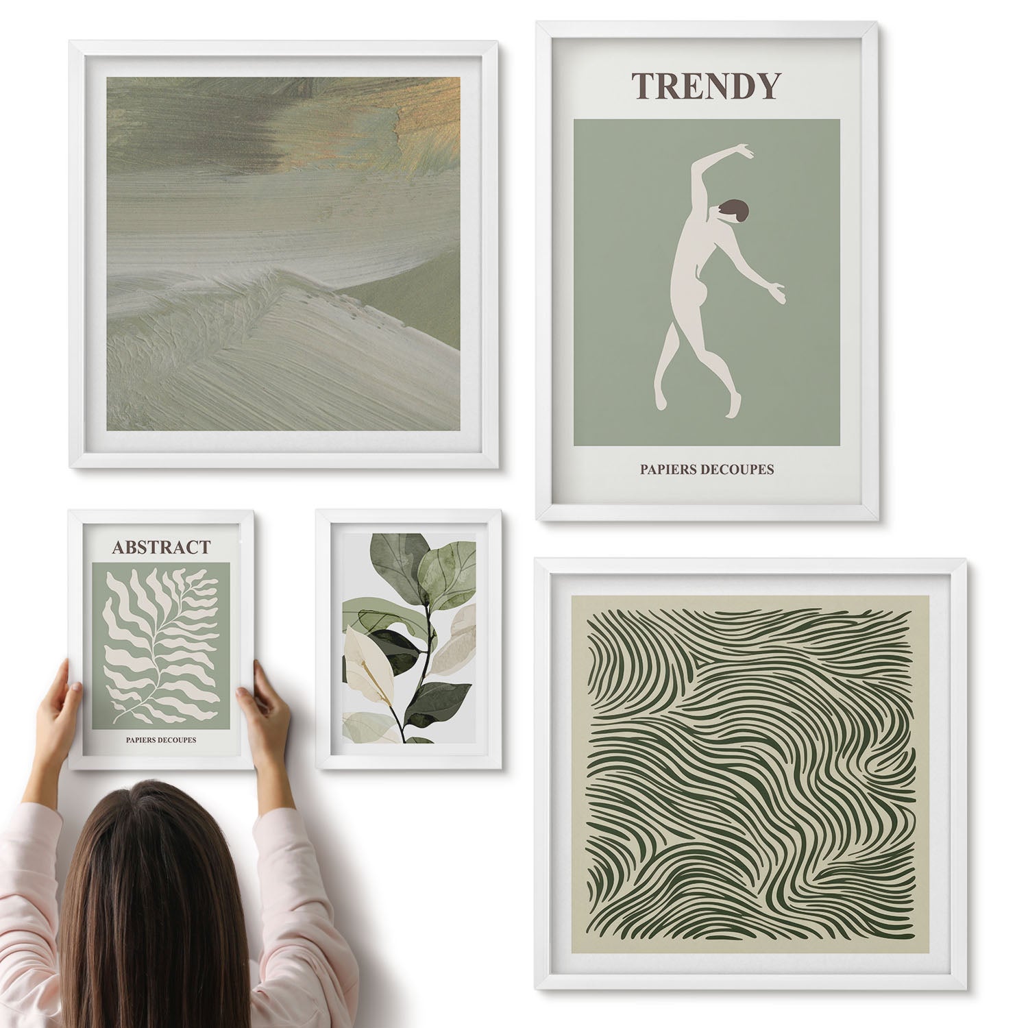Galeria ścienna 5-częściowy komplet obrazów w białych ramach - Stylowe grafiki z abstrakcyjnymi motywami roślinnymi - ArtPrintCave
