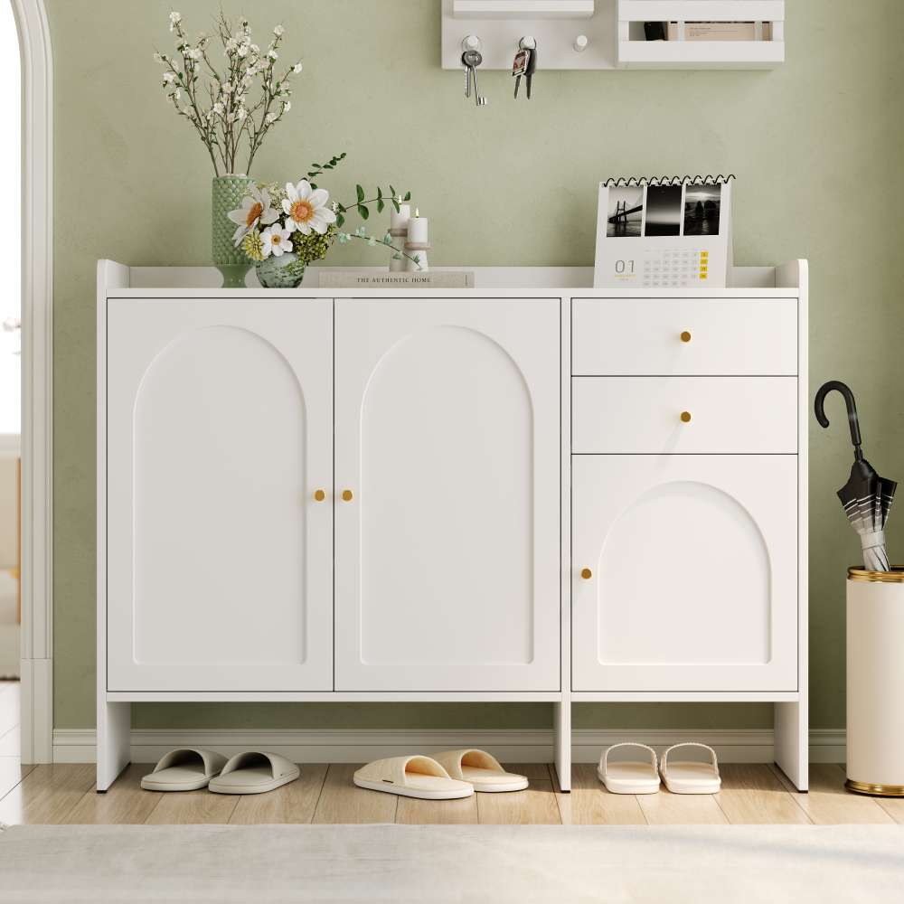 Szafka na buty Schuhschrank 3 drzwi 2 szuflady biały 120x90x35 cm, metalowe uchwyty, pojemna komoda do przedpokoju nowoczesna