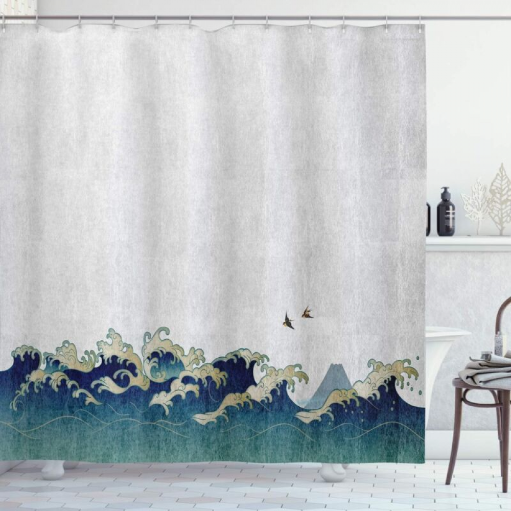 Japońska zasłona prysznicowa z motywem fal i zawirowań wodnych, z haczykami, 180 cm x 180 cm, kremowo-szaro-niebieski