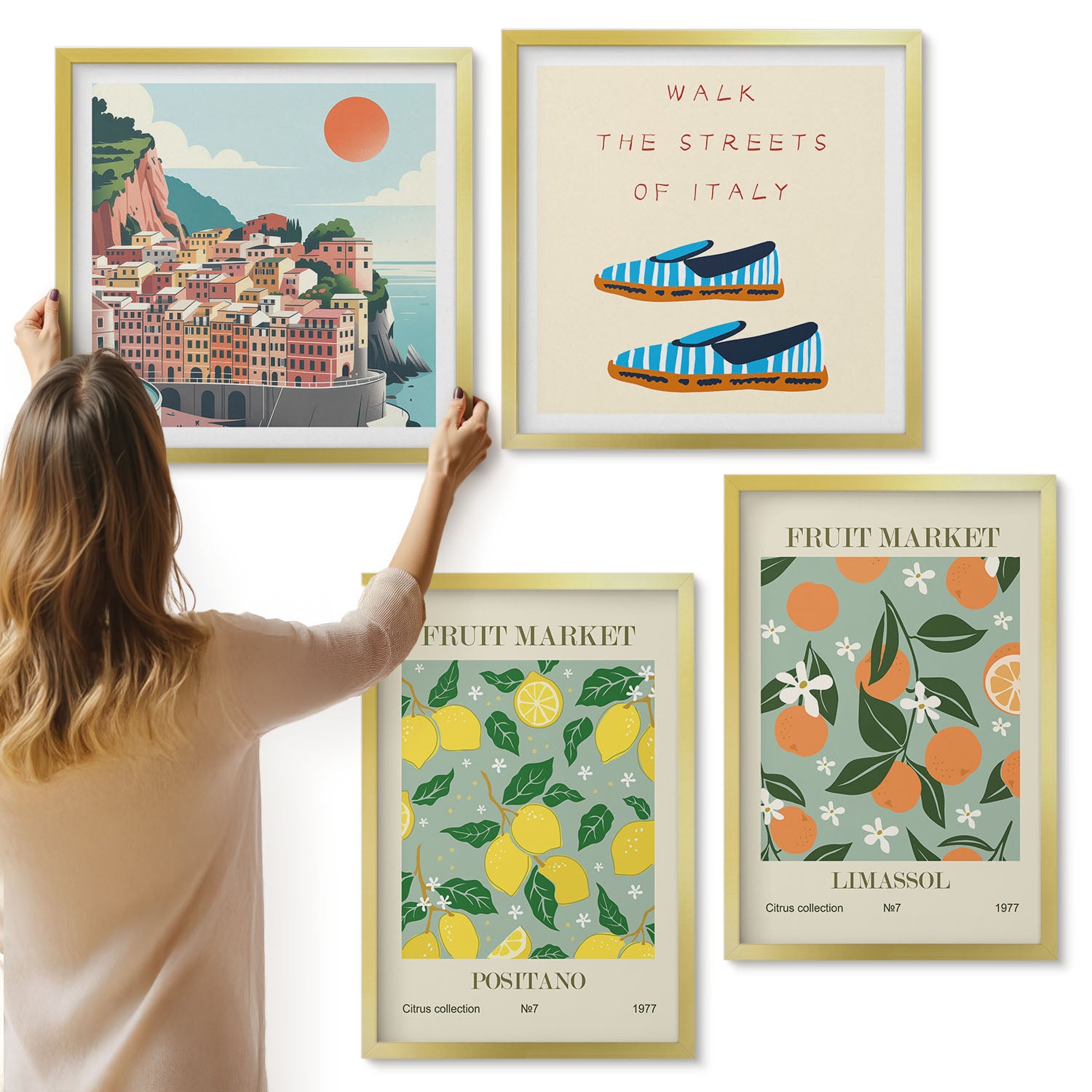 Galeria ścienna 4-częściowy komplet obrazów w złotych ramach - Owocowe wzory elementy włoskiej kultury - ArtPrintCave