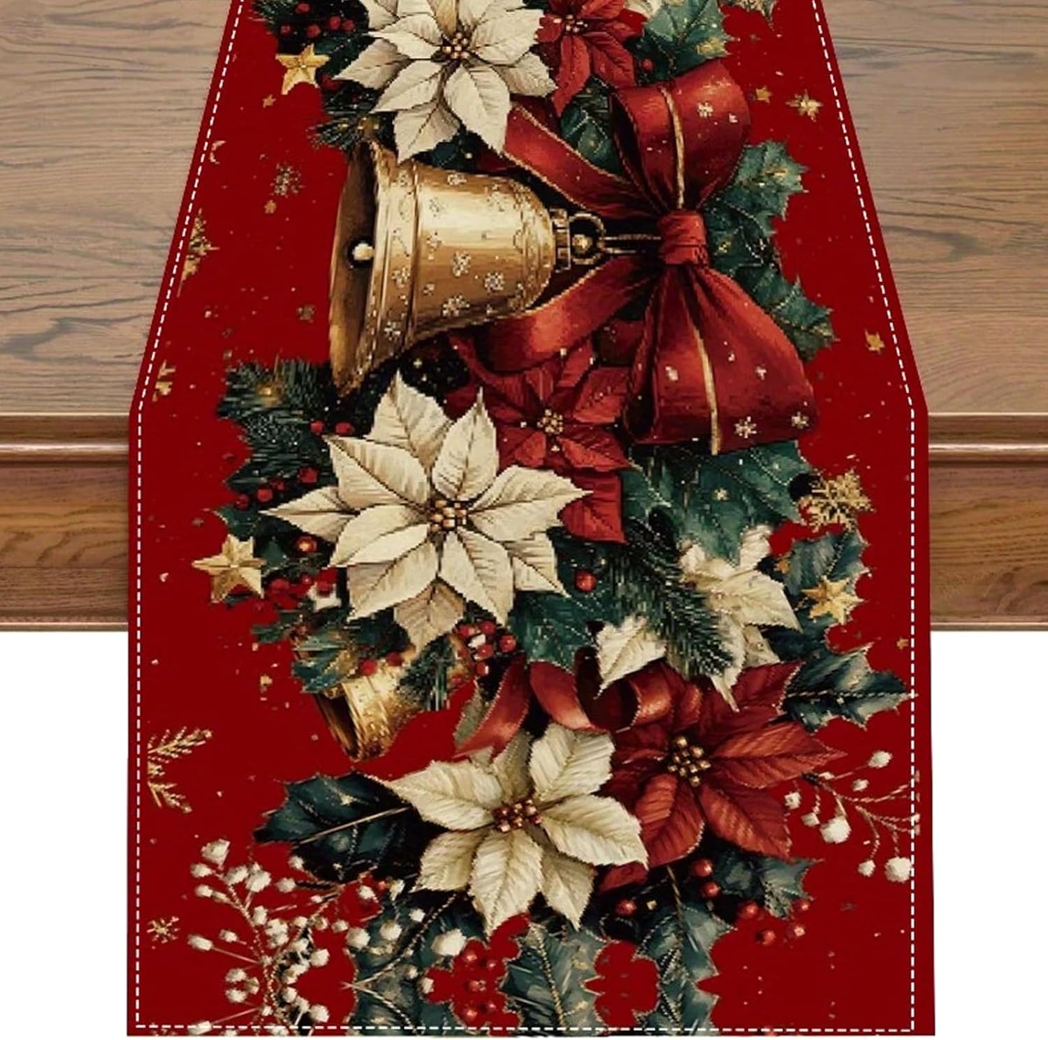 Bieżnik świąteczny 33 x 183 cm, Czerwony bieżnik świąteczny, Kwiaty poinsecji, Dzwonki, Ostrokrzew, Dekoracja stołu na święta Bożego Narodzenia