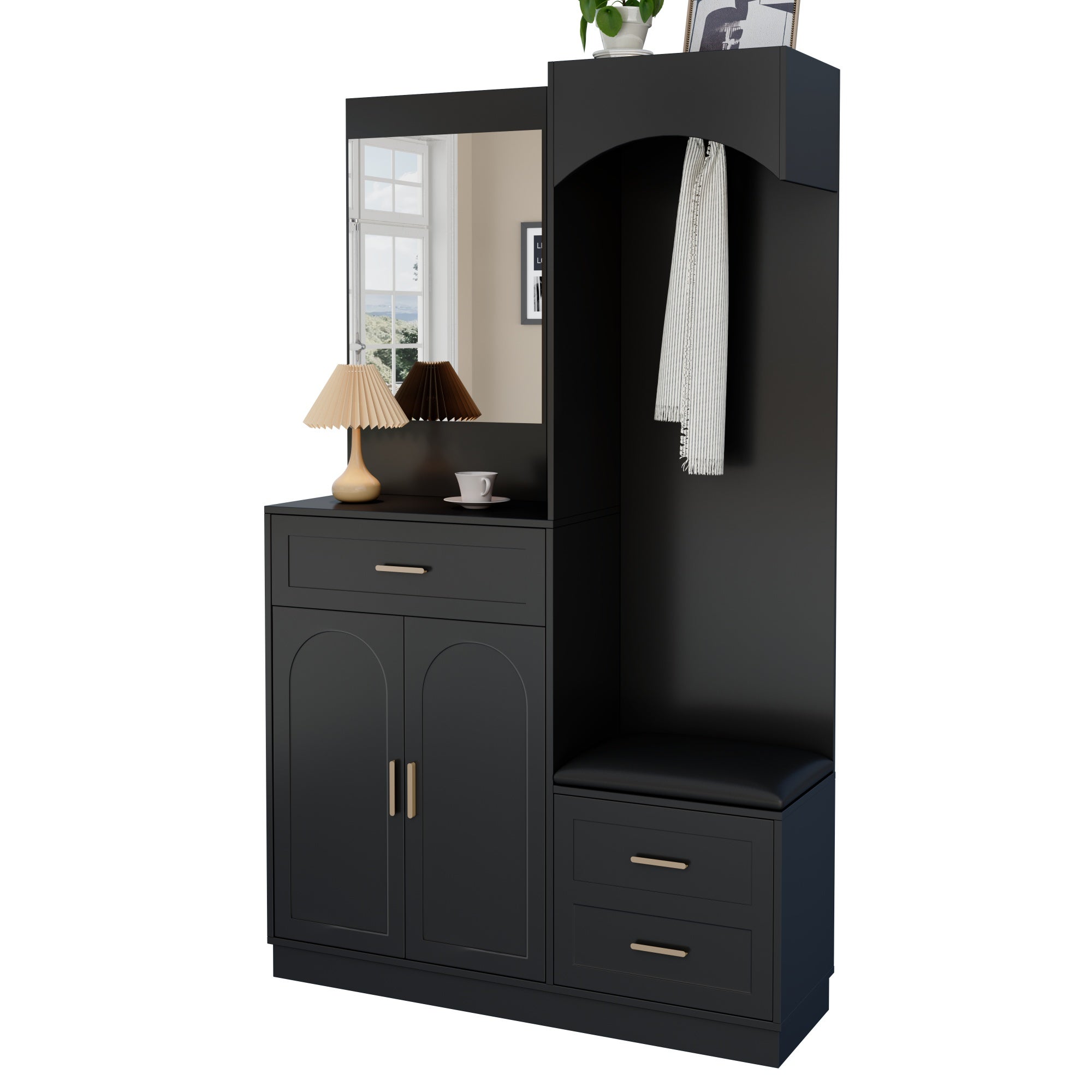Zestaw szafek na buty z lustrem, ławką na buty, 3 drzwiami i 1 szufladą - 110 x 333 x 185,5 cm - MDF - Czarny