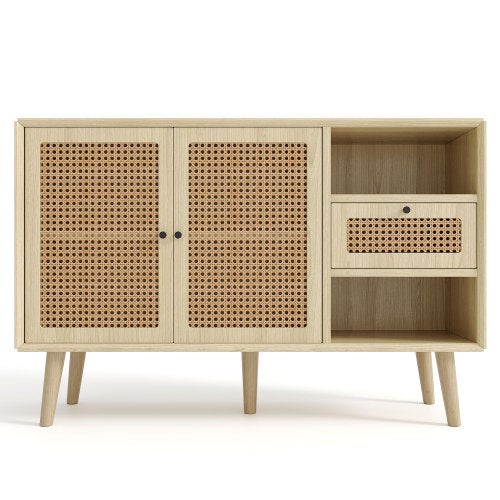 Komoda z 1 szufladą, 2 drzwiczkami z rattanu, nogami z litego drewna, uchwytem metalowym, 120x40x80 cm, płyta MDF, orzech.