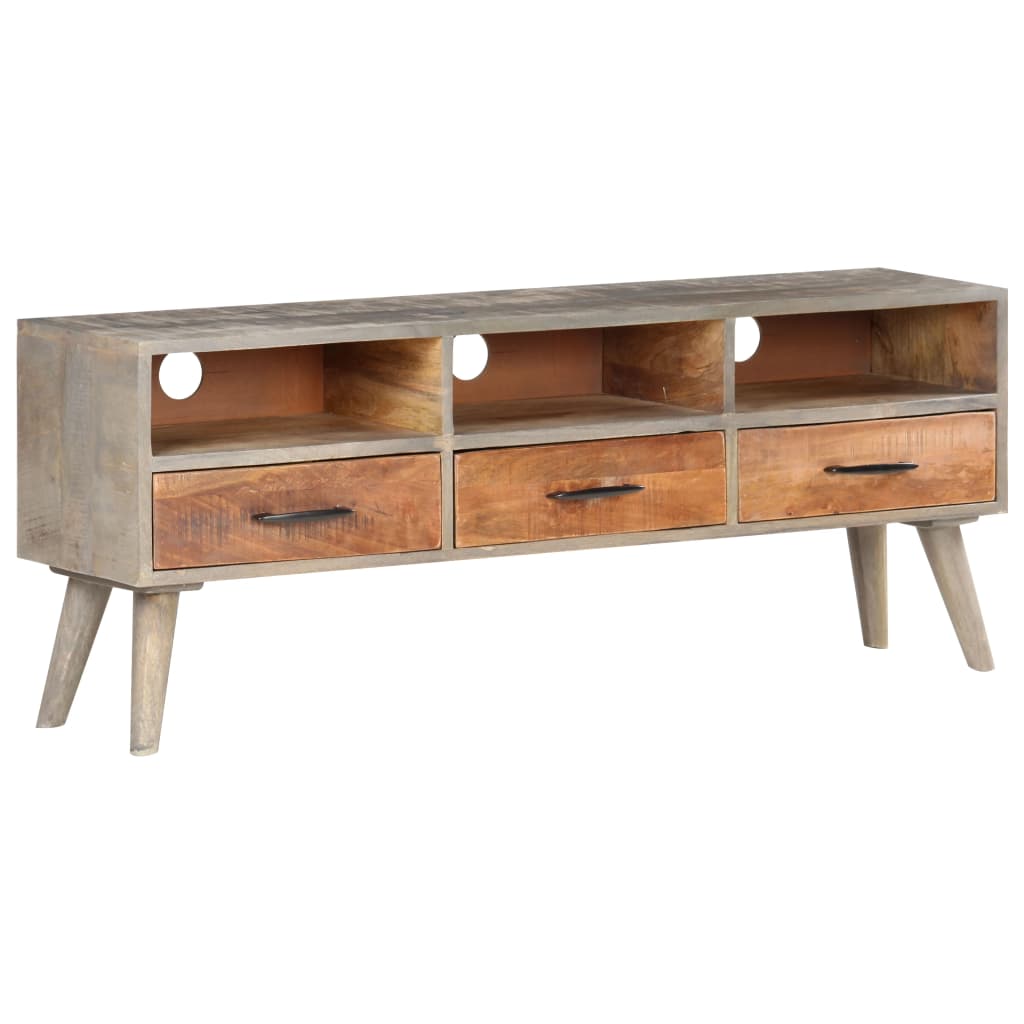 Szafka pod TV, szara, 130x35x51 cm, lite, surowe drewno mango