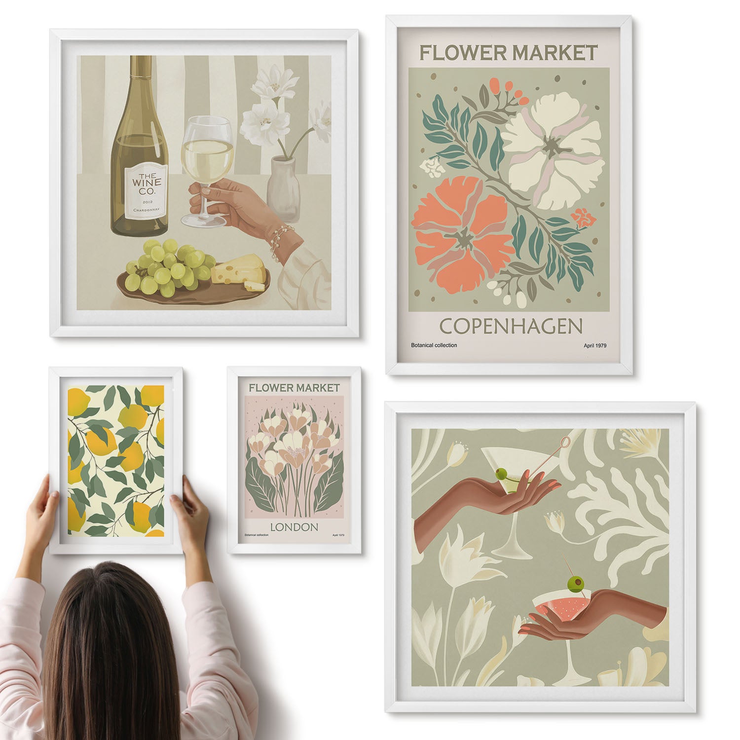 Galeria ścienna 5-częściowy komplet obrazów w białych ramach - Kwiatowe rynki i owocowe inspiracje w stylu vintage - ArtPrintCave