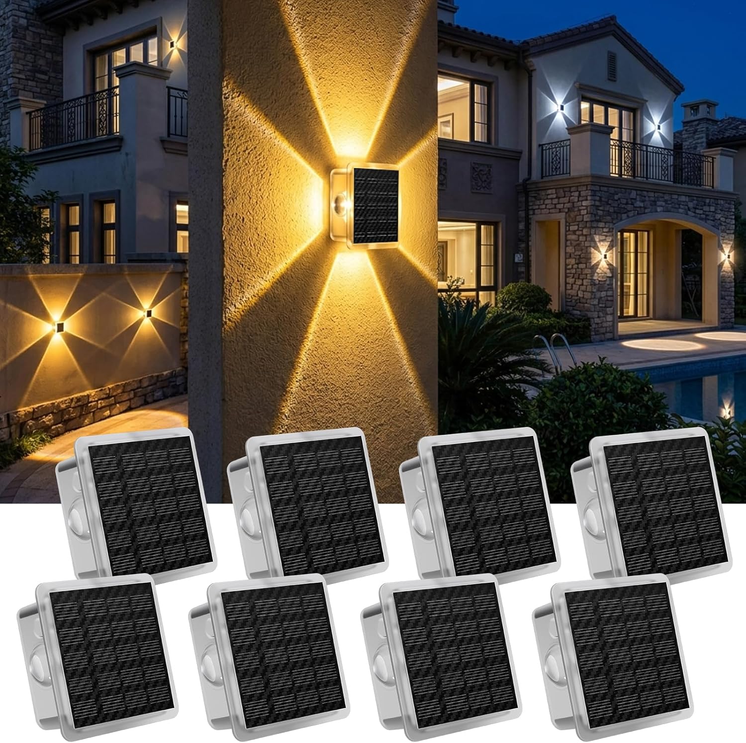 Wodoodporne solarne lampy ścienne do użytku zewnętrznego, trzy temperatury barwowe (3000 K, 4000 K, 6000 K), zestaw 8 sztuk.
