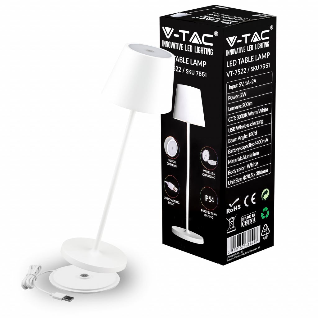 Lampa stołowa LED 2W w kolorze białego aluminium z ładowarką bezprzewodową i funkcją ściemniania dotykowego 3000K IP54