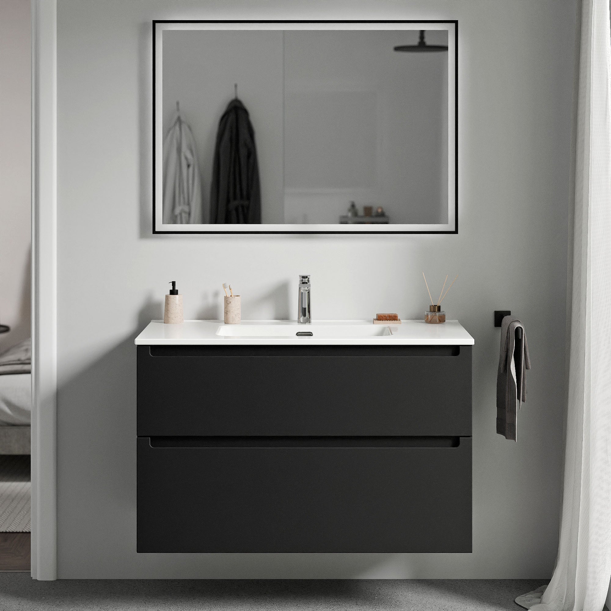 BERNSTEIN - Szafka pod umywalkę wiszącą MDF matowa czarna 100x46x62 cm, białe umywalki + odpływ i otwór na baterię - VIREO 100