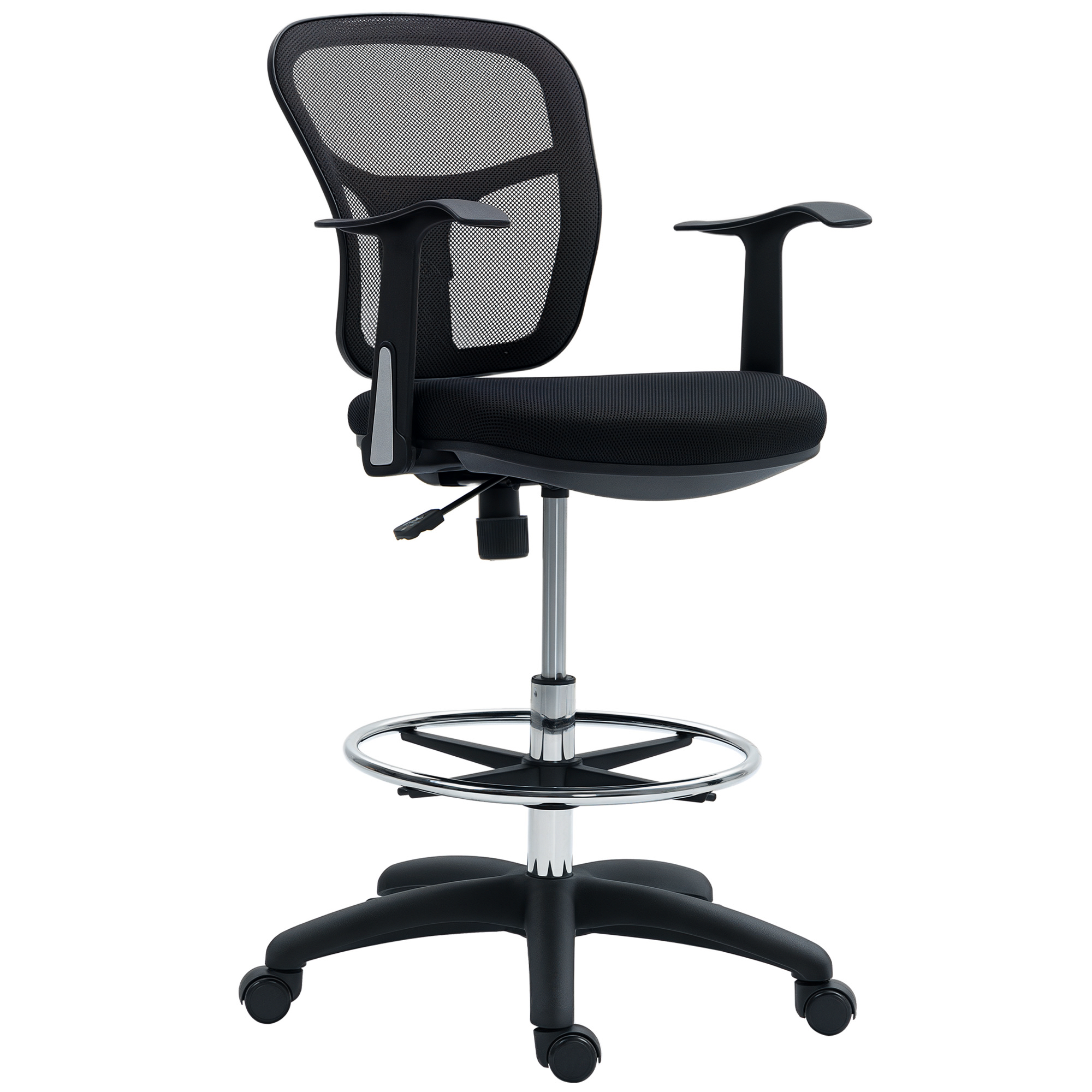 Obrotowy fotel biurowy z podnóżkiem w kształcie pierścienia i zakrzywionym oparciem, ergonomiczny fotel z poliestru, 55 x 58 x 94 cm, czarny