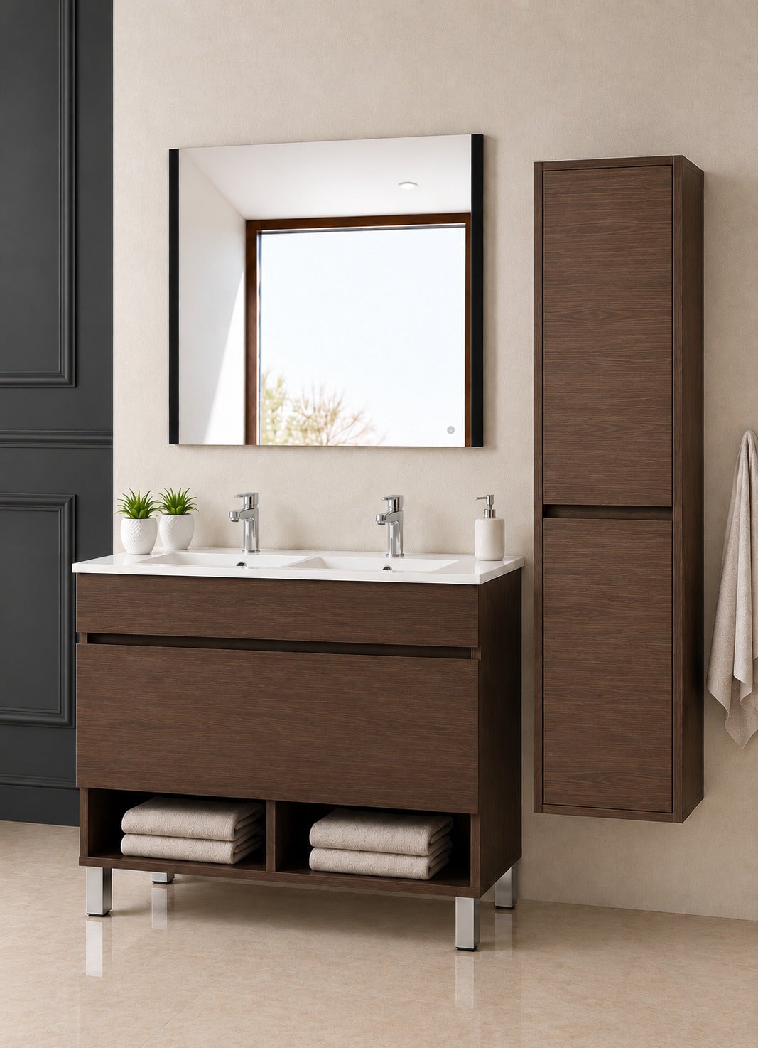 Szafka łazienkowa na nóżkach z umywalką ORIGENBATH NEBARI na nóżkach z szufladą z kolumną 120x45 cm podwójna umywalka jesion tea z kolumną