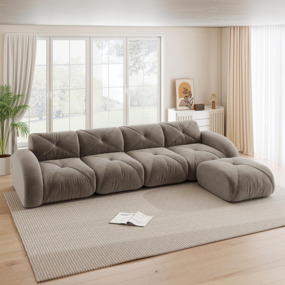 Sofa bezramowa, modułowa sofa 4-osobowa, pianka 32D o wysokiej gęstości, wygodna tkanina szenilowa, konstrukcja antypoślizgowa, nie wymaga montażu.
