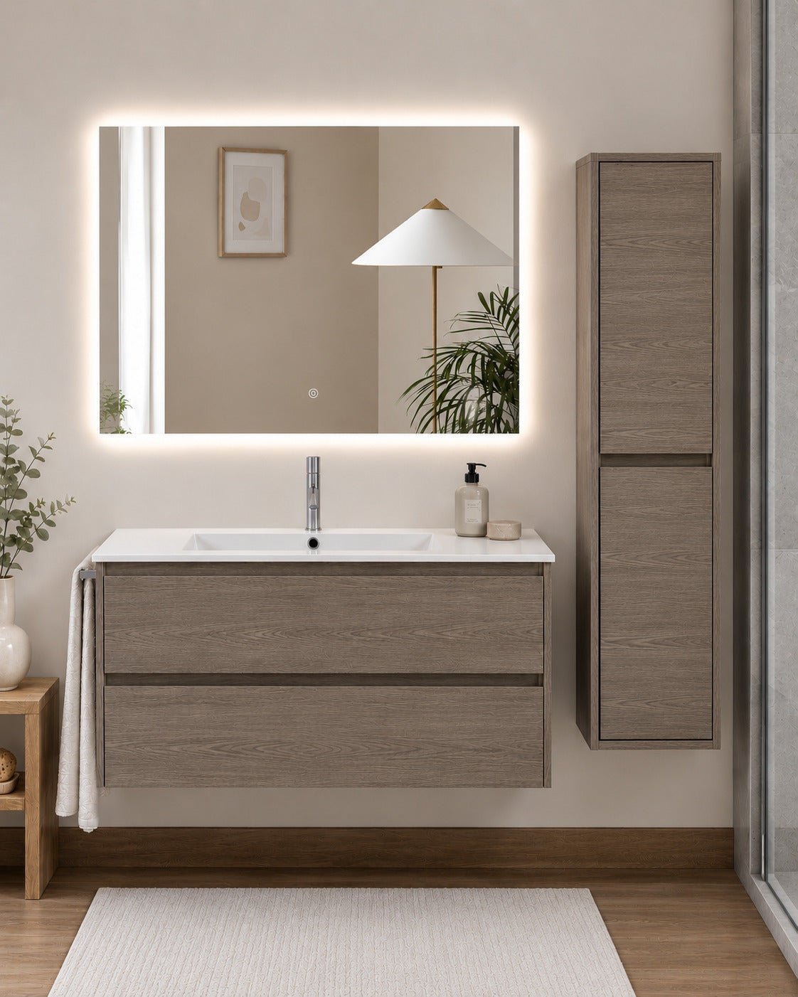 Szafka łazienkowa z umywalką ORIGENBATH IBIZA bez lustra 80x40 cm dąb smoky z kolumną