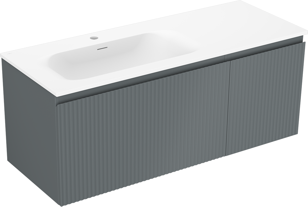 Mexen Rivel szafka łazienkowa 120 cm z umywalką Vela lewą, 1S, 1D, ryflowana, grafit mat/biała mat - 91A23-12047-3-BBFF66-W23L01