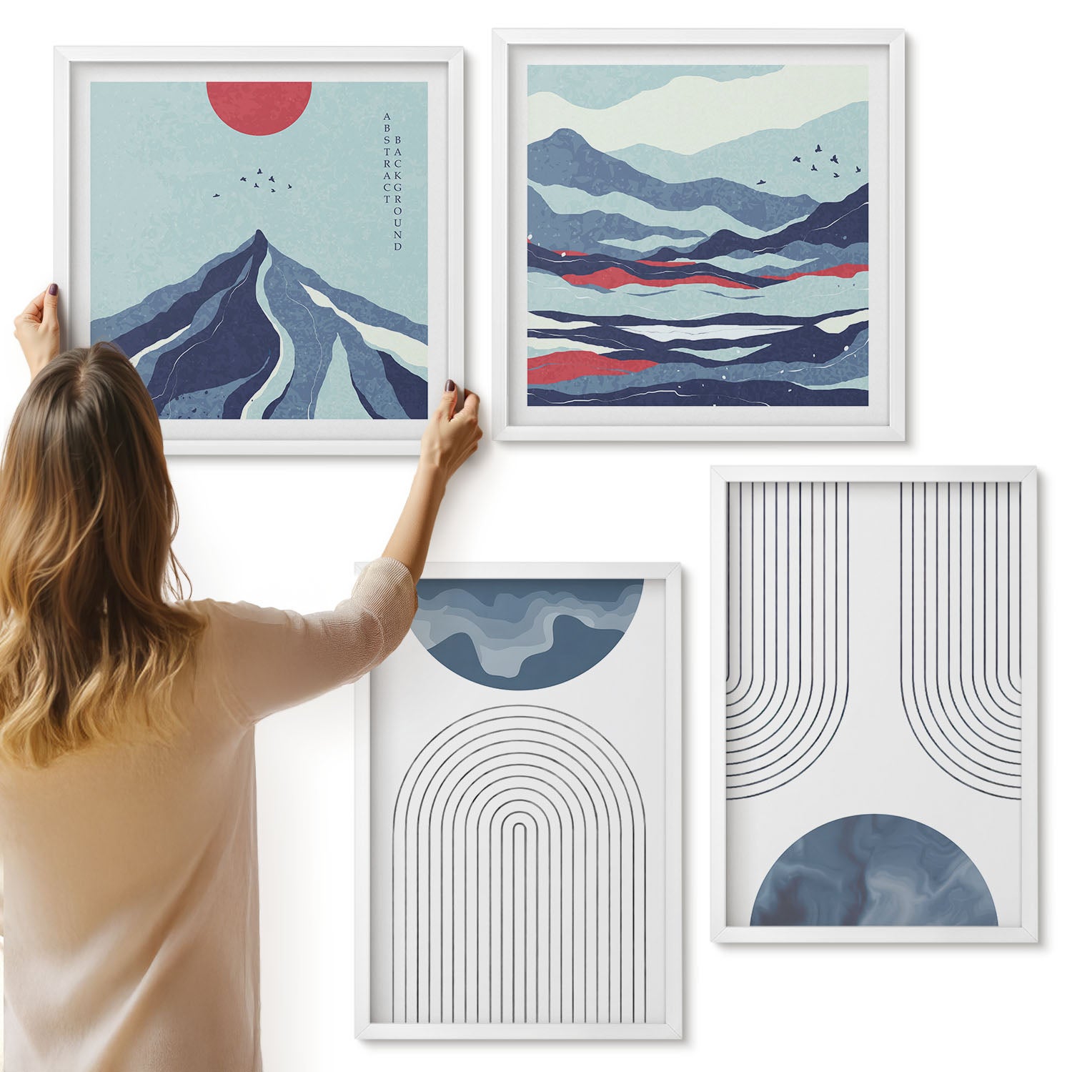 Galeria ścienna 4-częściowy komplet obrazów w białych ramach - Abstrakcyjne wzory górskie pejzaże japandi - ArtPrintCave