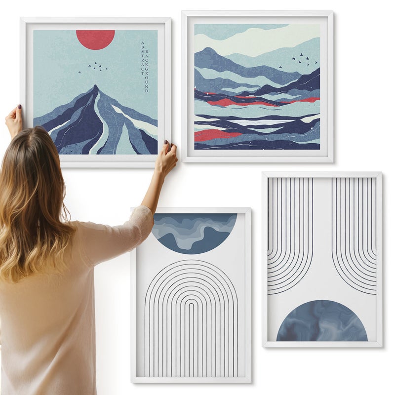 Galeria ścienna 4-częściowy komplet obrazów w białych ramach - Abstrakcyjne wzory górskie pejzaże japandi - ArtPrintCave