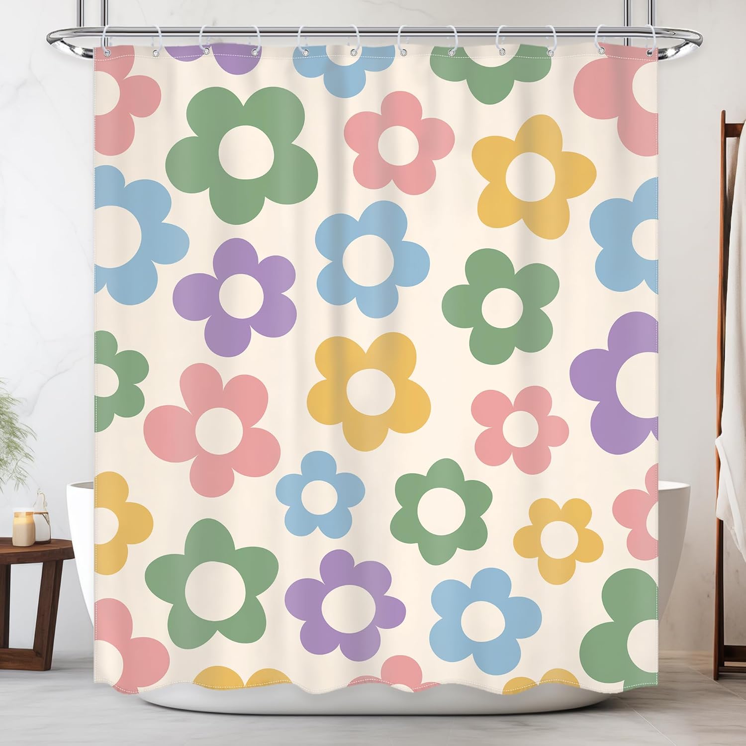 Piękna zasłona prysznicowa w stylu retro z kwiatowym wzorem do łazienki, 180 x 180 cm (szer. x wys.), duńskie pastele, Piękna zasłona prysznicowa w st