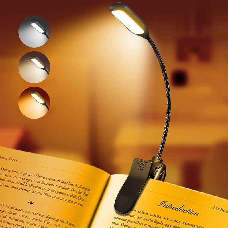 Akumulatorowa lampka do czytania książek, lampka LED do czytania w łóżku, ochrona oczu, regulowana jasność, 3 temperatury barwowe